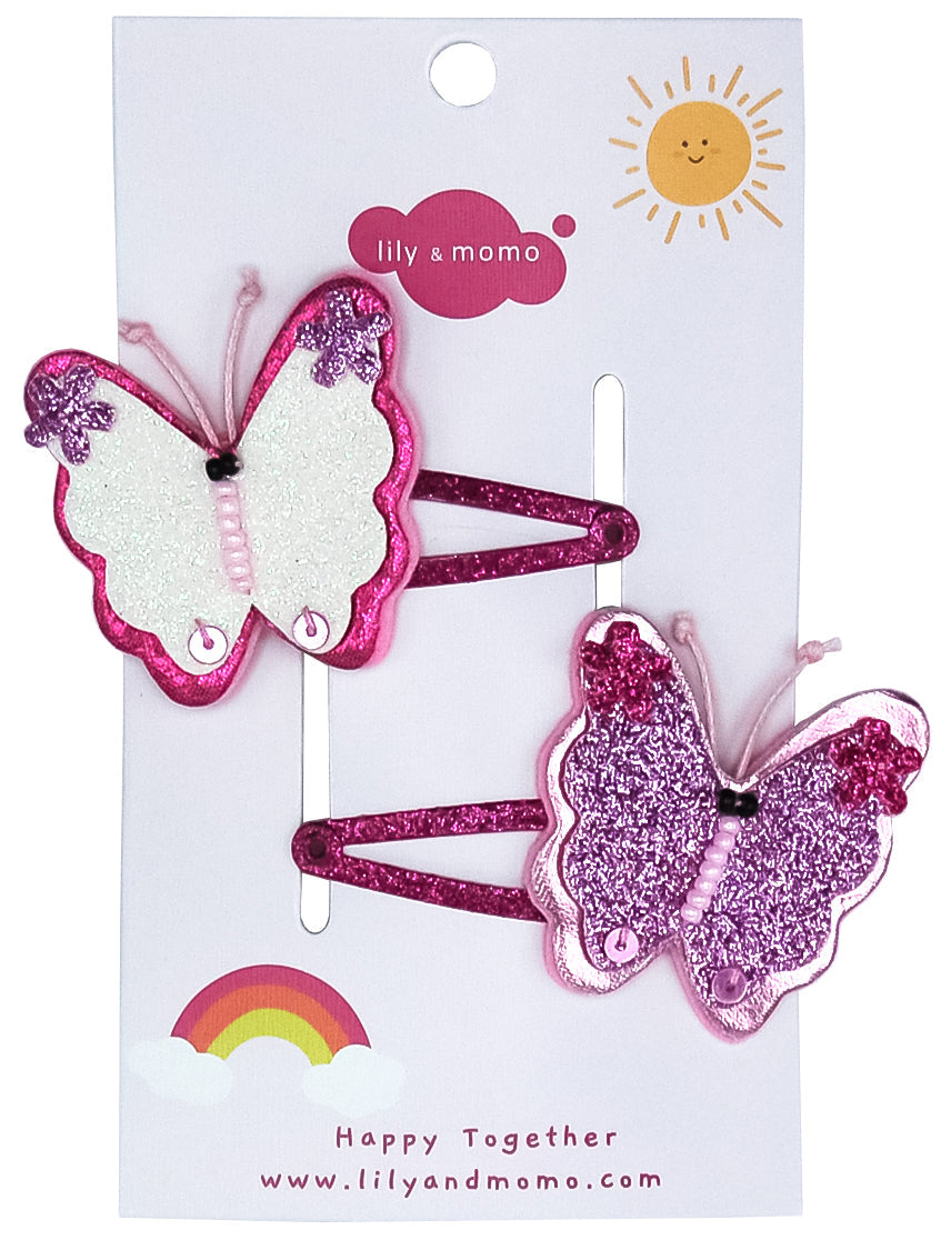 Butterfly Glitter Pals Hair Clips - Cream And Purple