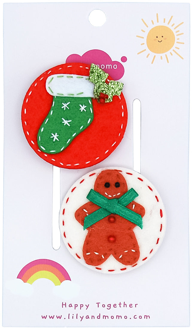 Gingerbread And Stocking Hair Clip- Red And Cream