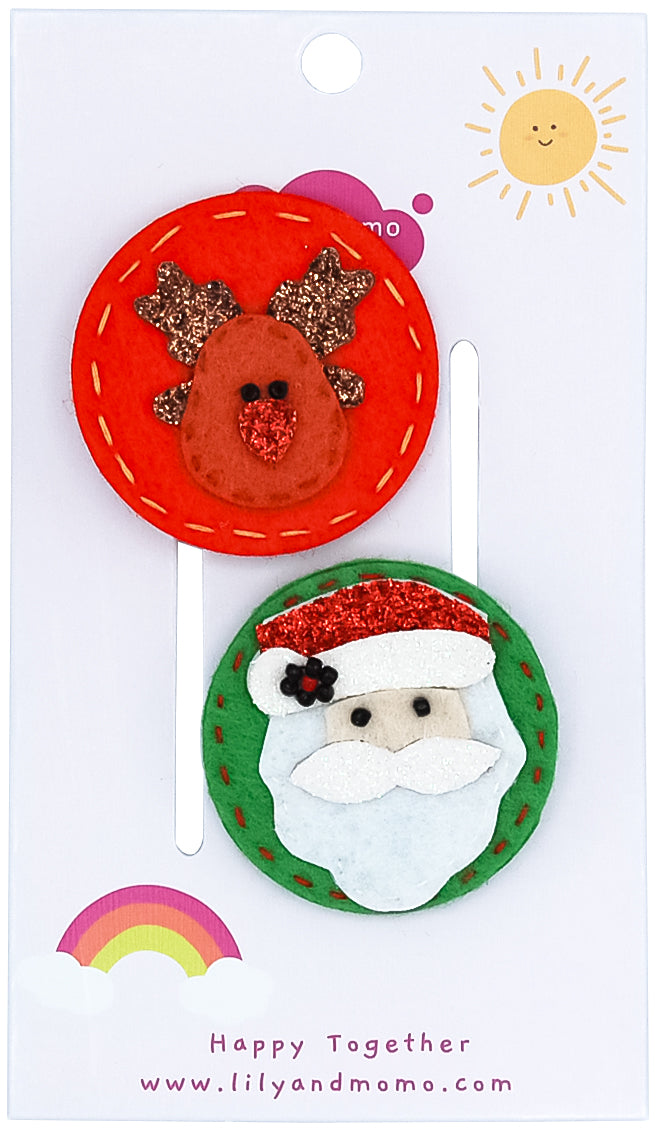Santa And Rudolph Hair Clips- Red And Green