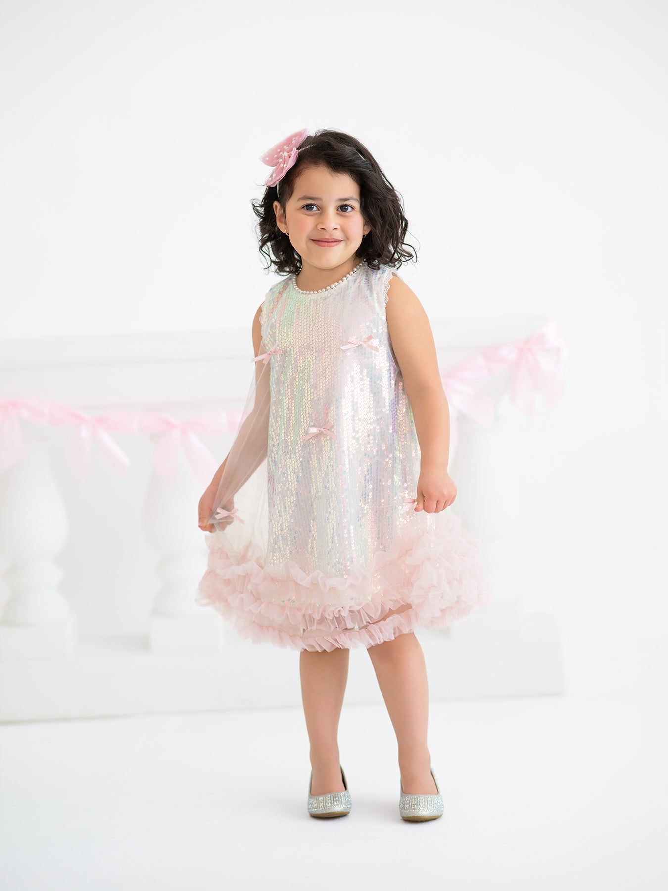 Iridescent Sequin Bow Ruffle Tulle Girls Dress