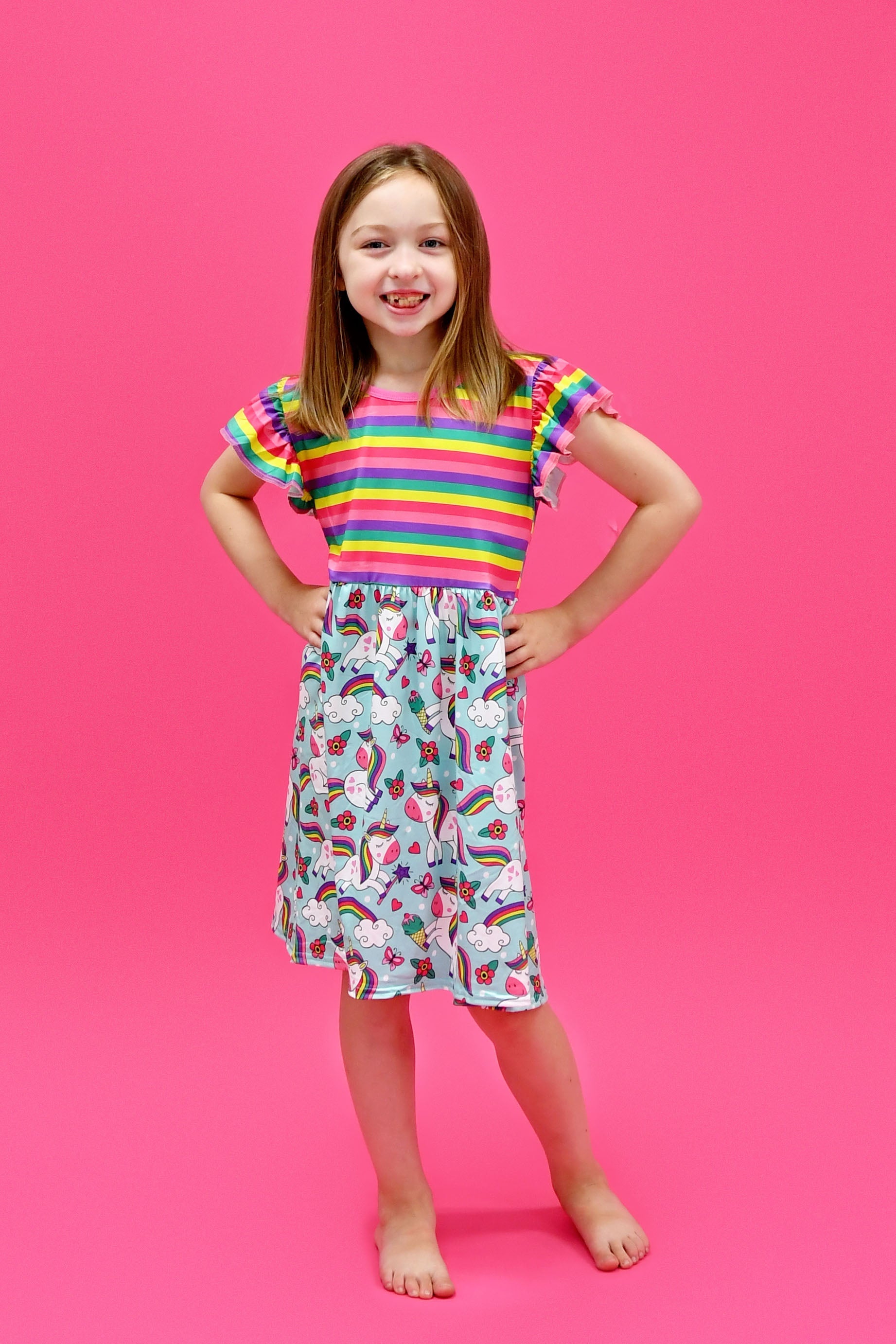 Rainbow Stripe Unicorn Long Flutter Milk Silk Dress