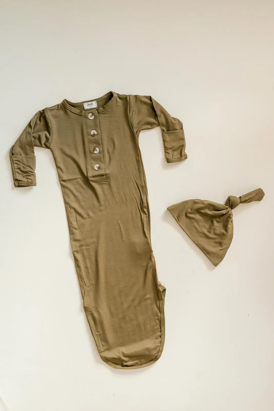 Knotted Baby Gown And Hat Set - Army Green (newborn-3 Months)