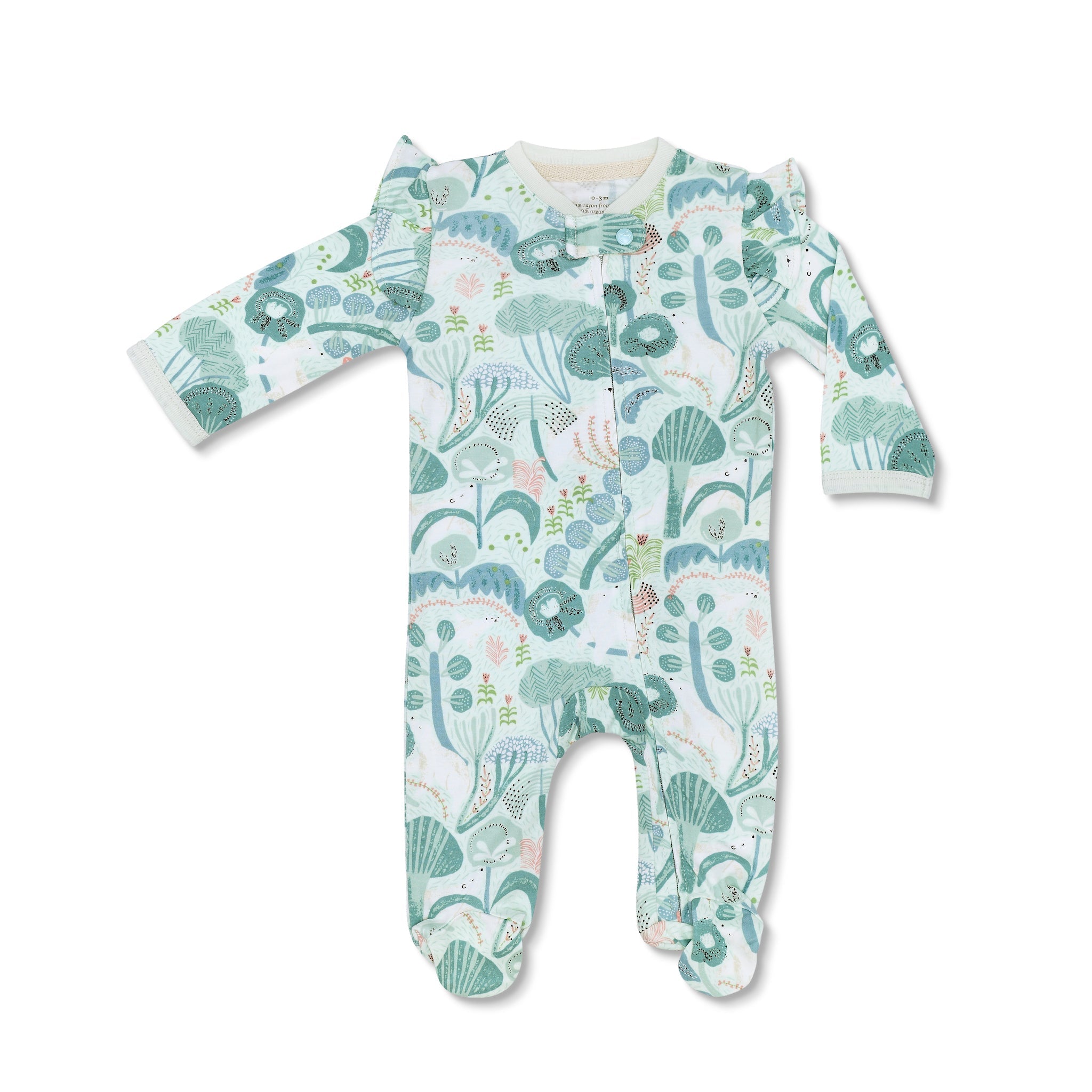 Bamboo Blend Zipper Footie With Ruffles - Minty Bear Bloom