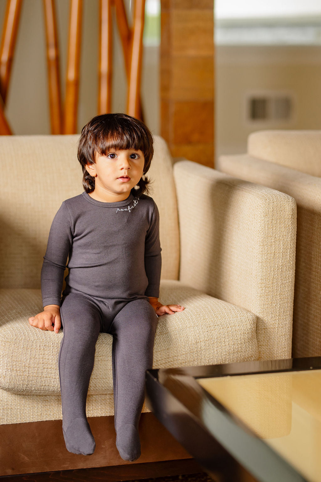 Embroidered Footie- Dark Grey