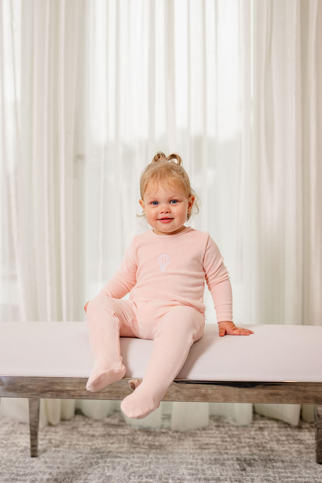 Velour Embroidered Footie- Pink