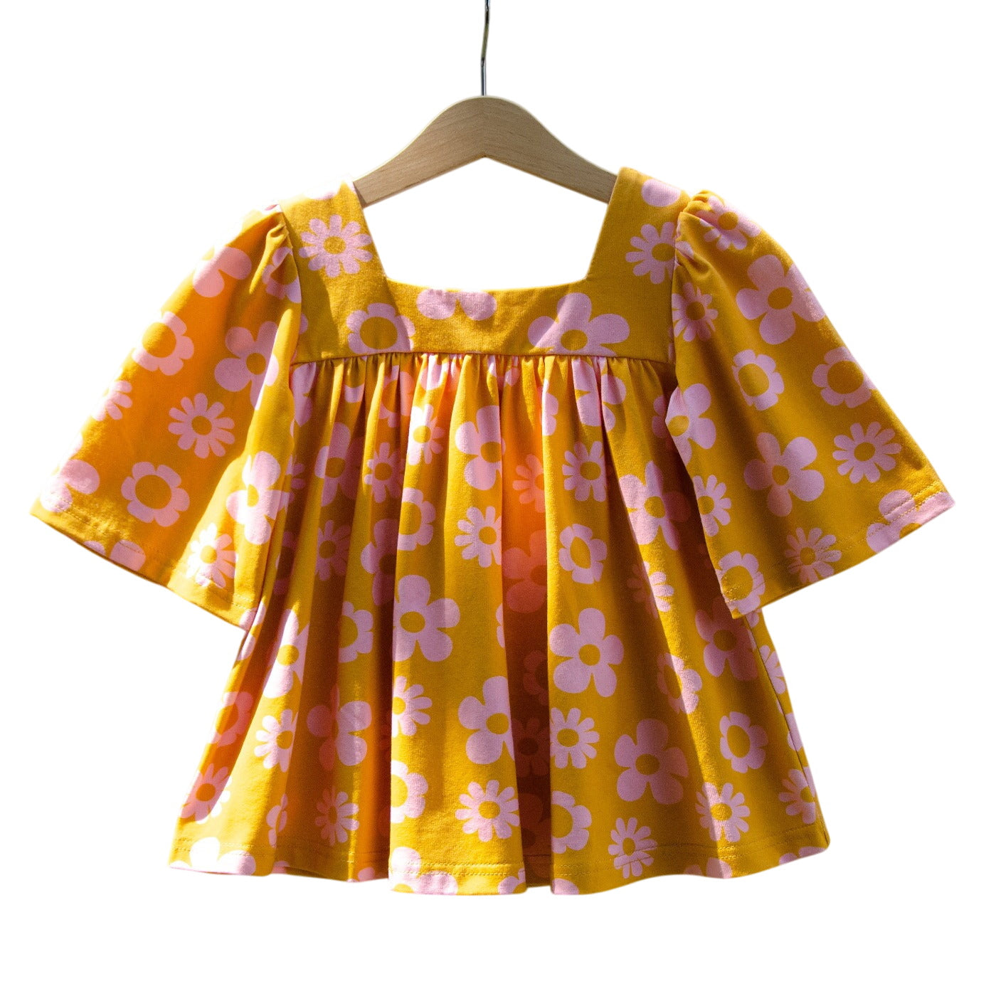 Retro Mustard Daisy Bell Sleeve Top For Baby Toddler And Girls