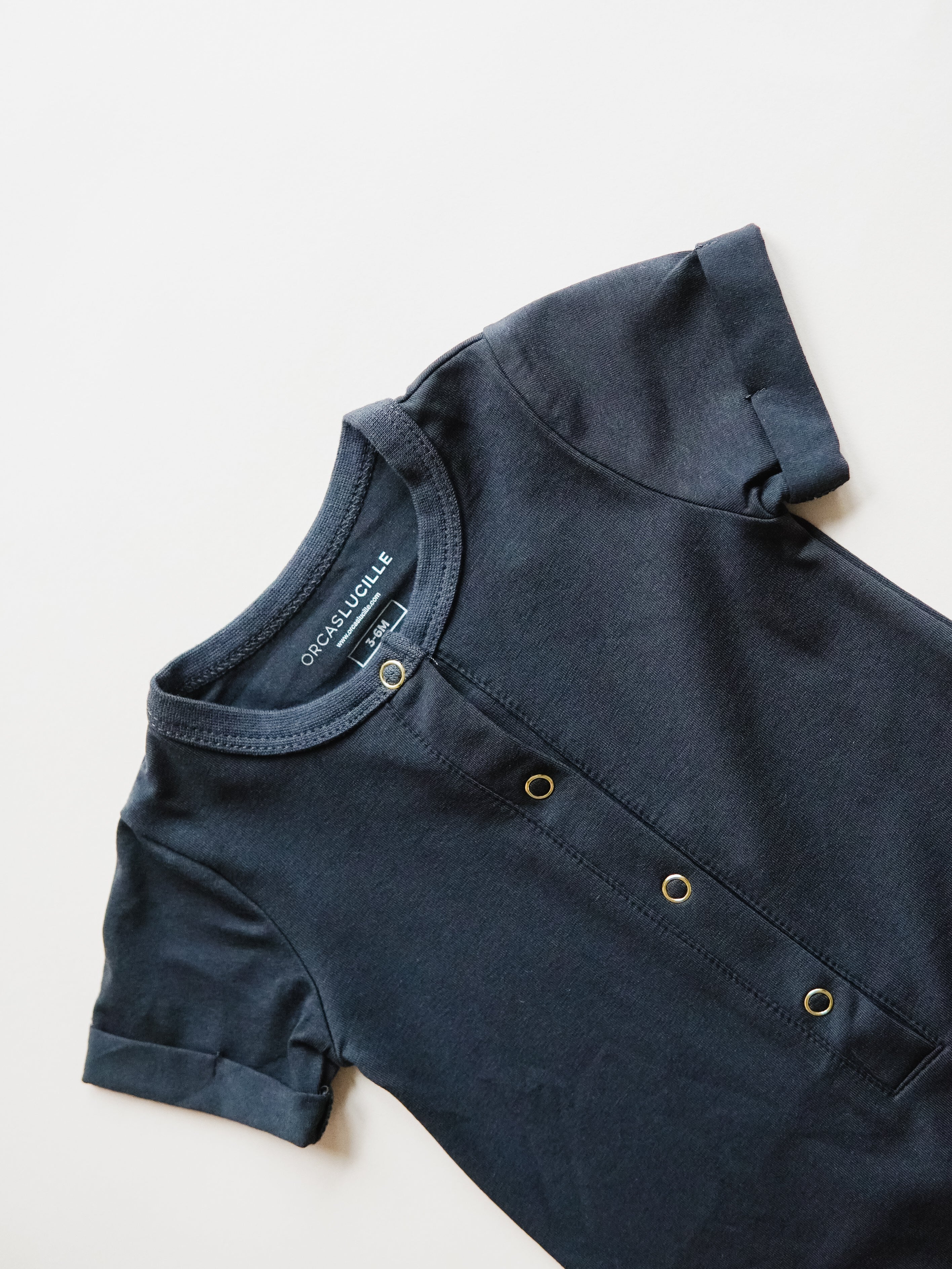 Short Sleeve Henley Romper - Off-black