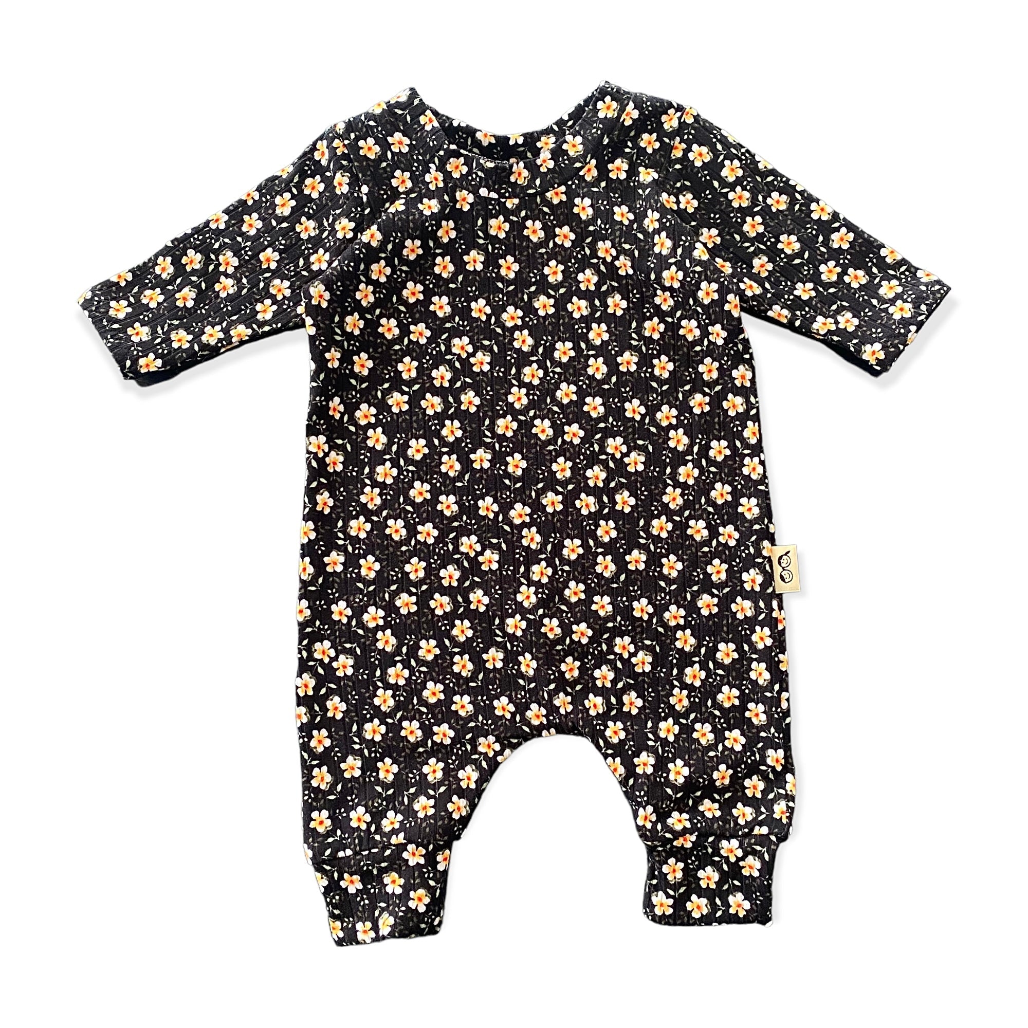 Dainty Floral Black Ribbed Harem Romper