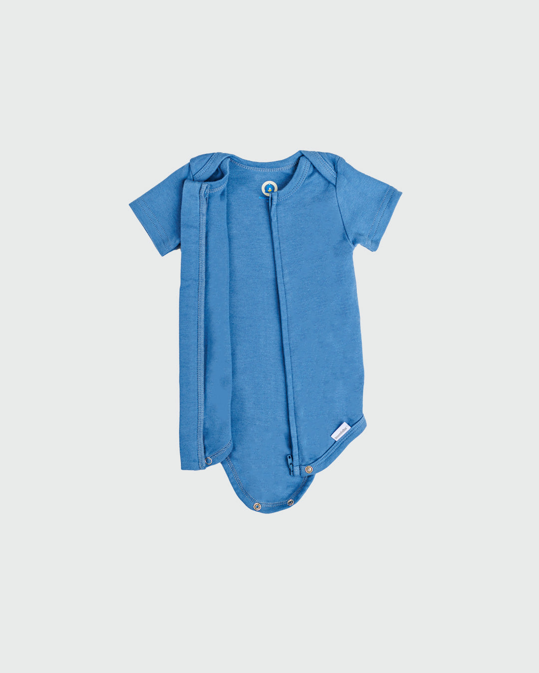 Short Sleeve Zipper Bodysuit In Denim, 6-9m