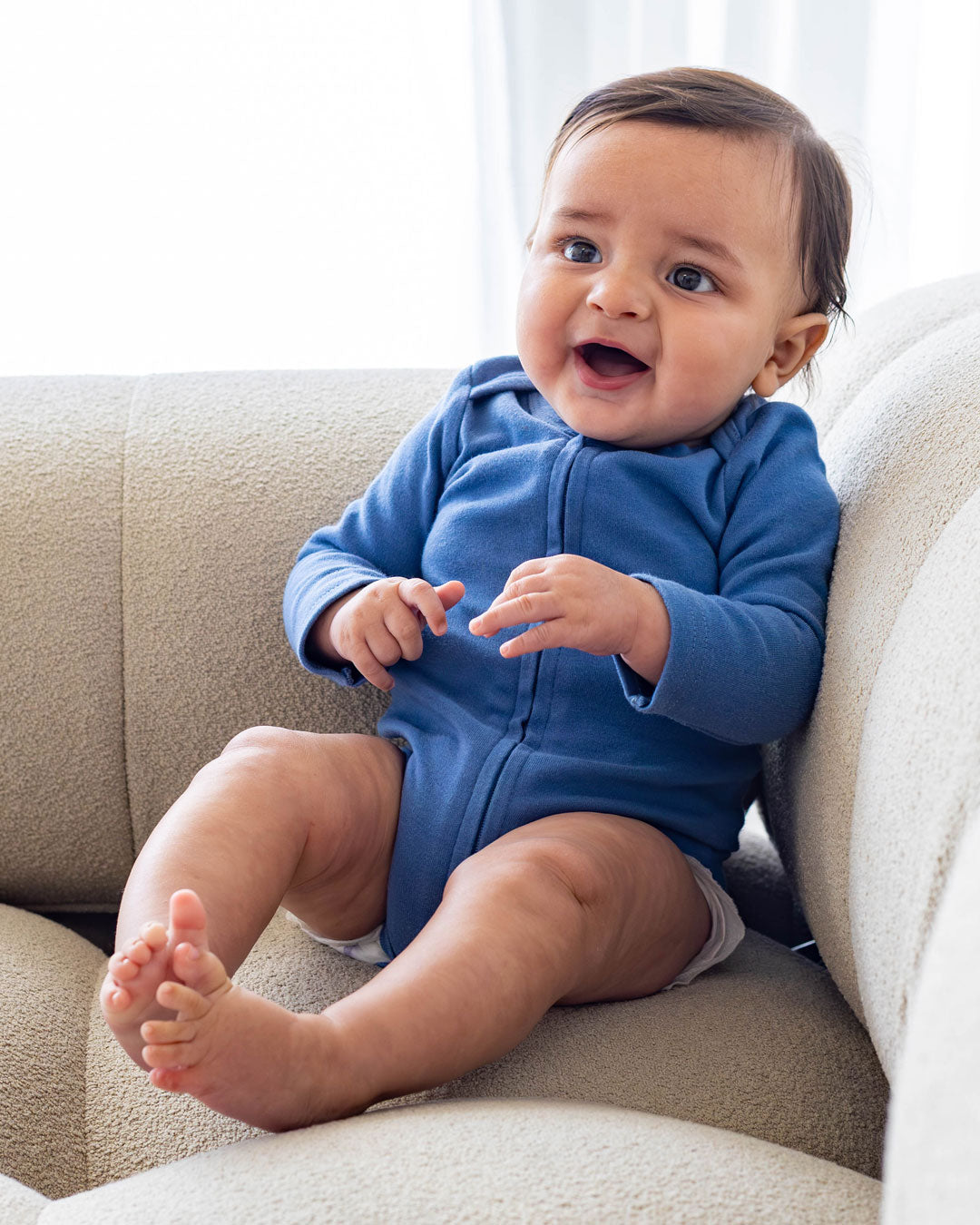 Long Sleeve Zipper Bodysuit In Denim, 9-12m