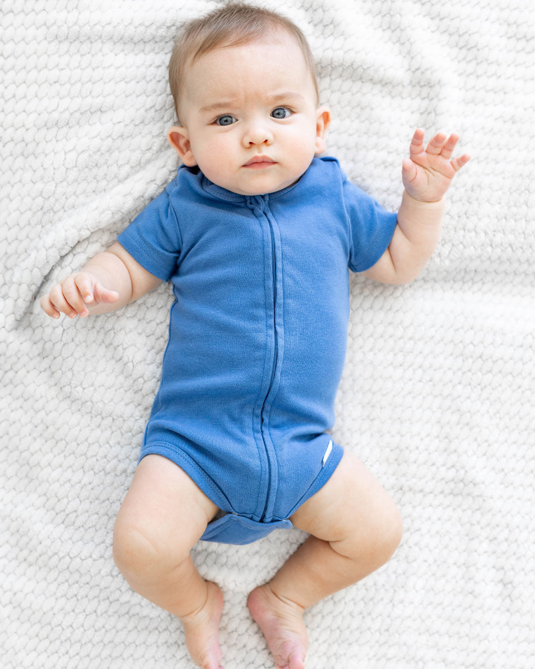 Short Sleeve Zipper Bodysuit In Denim, 6-9m