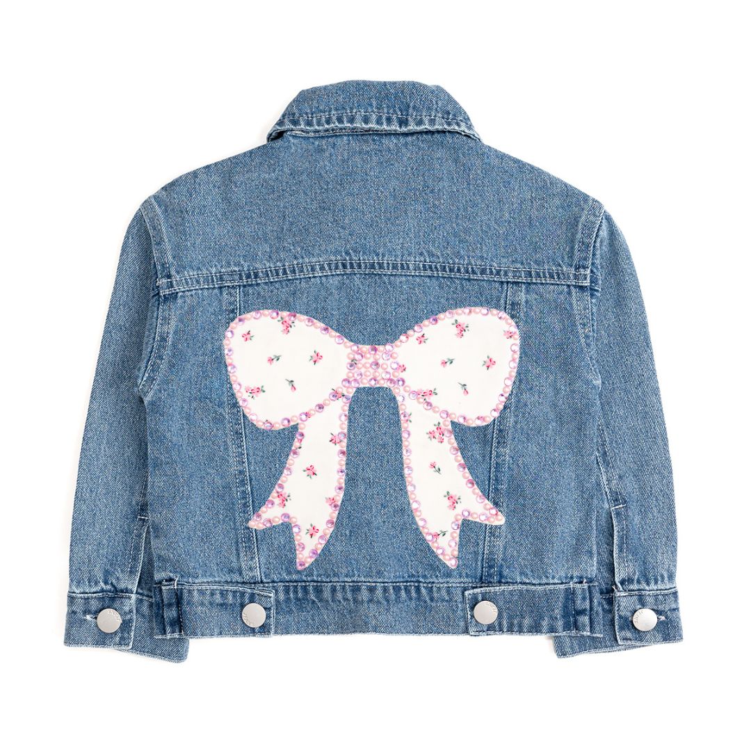 Pearl And Gemstone Floral Bow Patch Denim Jacket