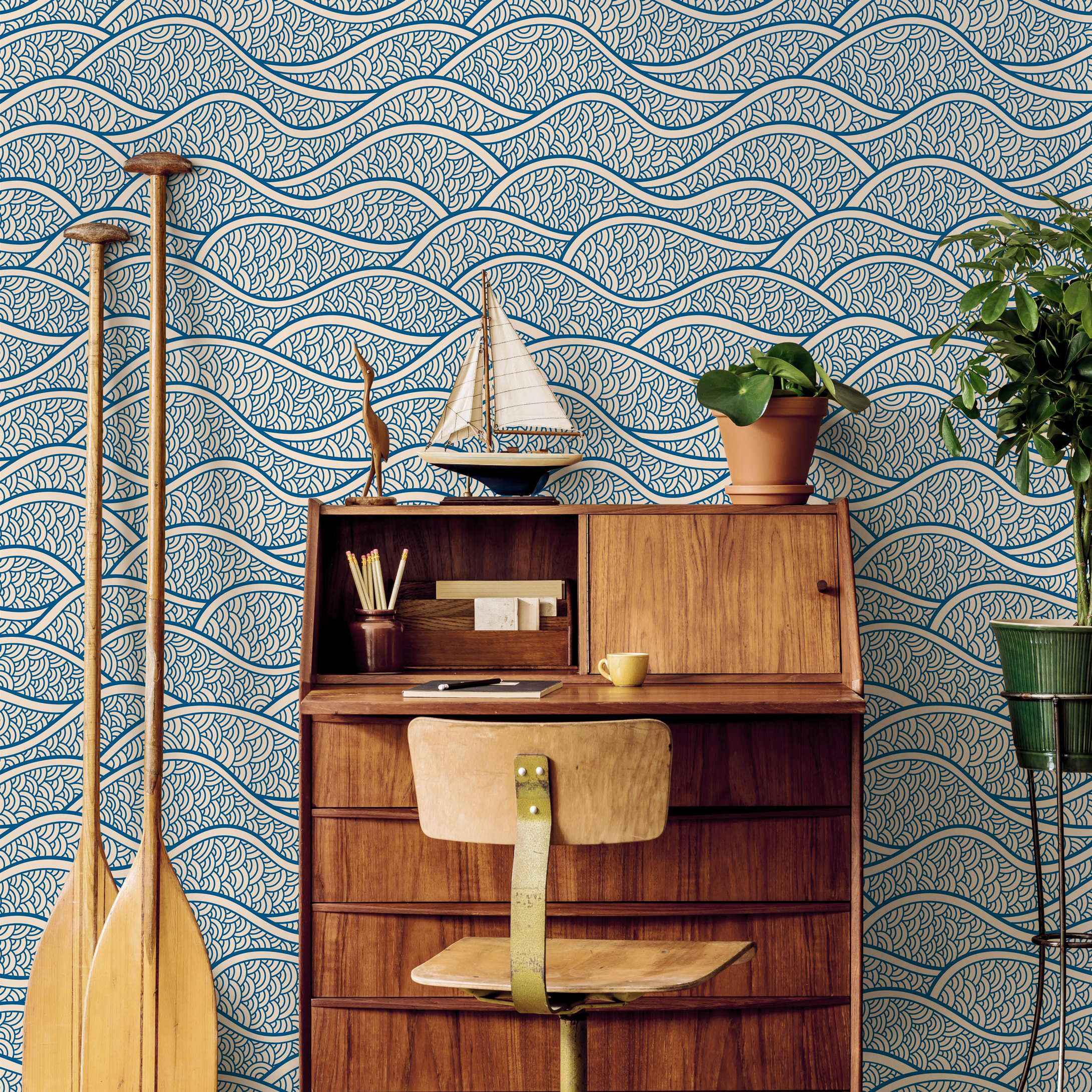 Scandinavian Wallpaper With A Stylized Ocean Wave Motif In Blue And White - E001