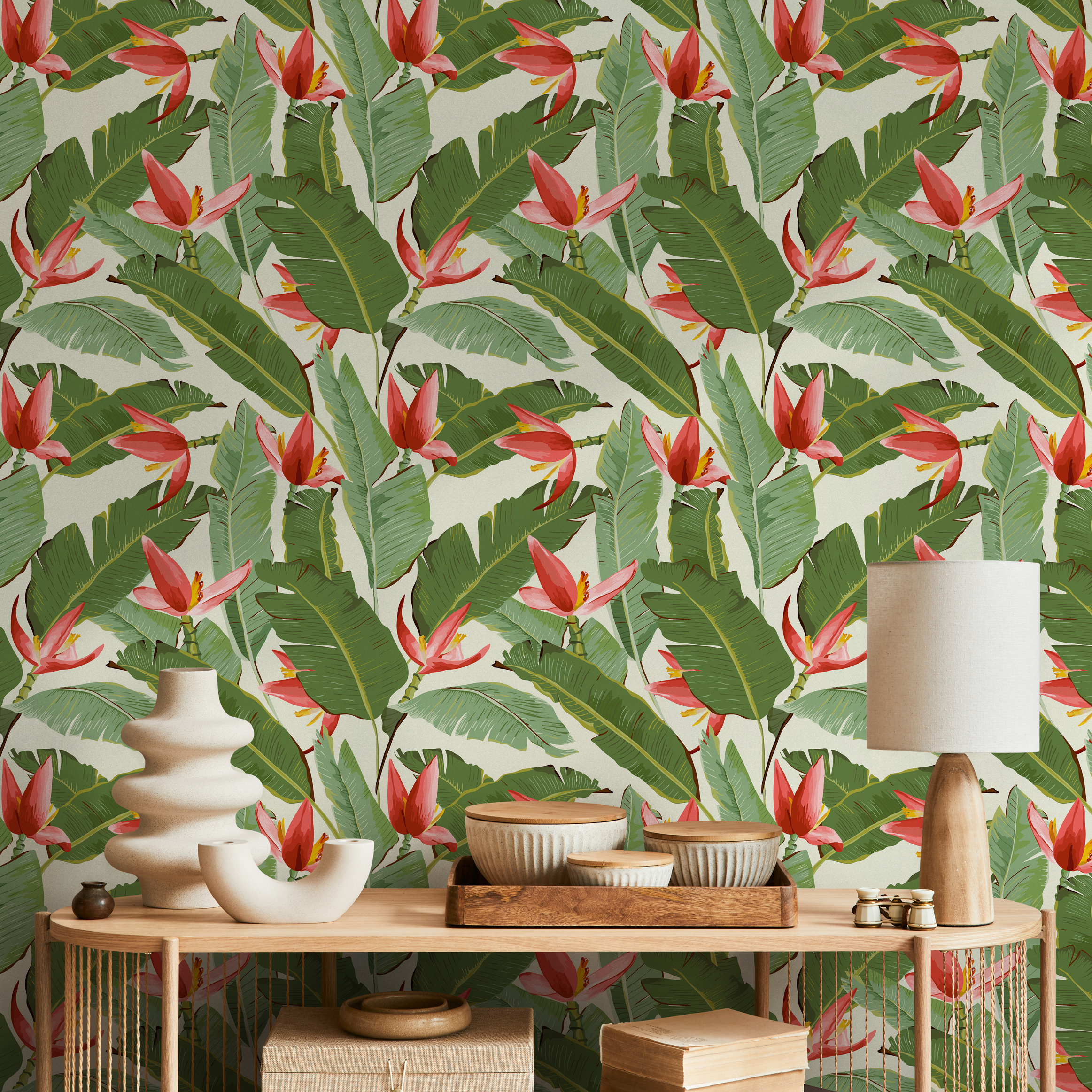 Tropical Wallpaper With Red Heliconia Flowers And Green Leaves - E002