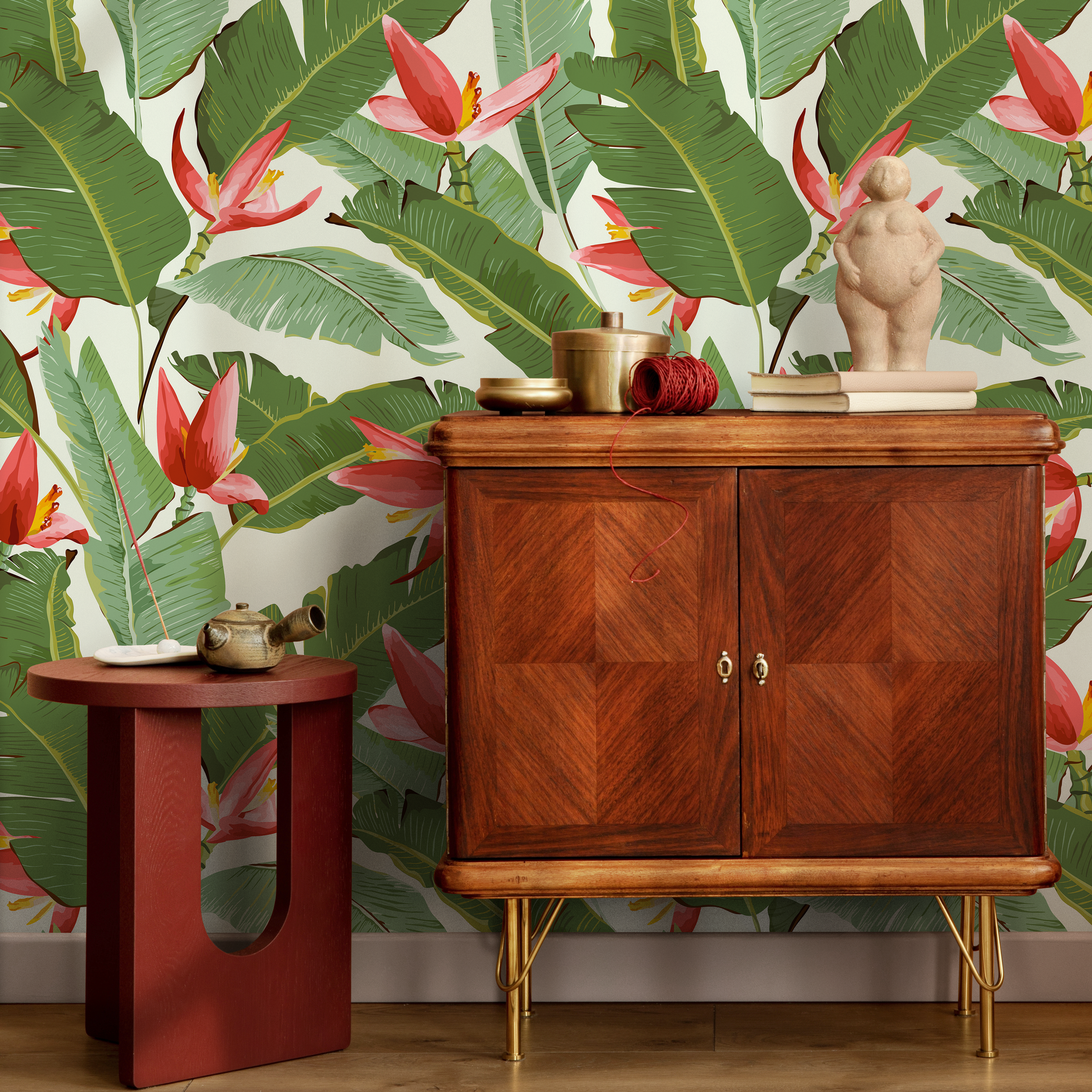 Tropical Wallpaper With Red Heliconia Flowers And Green Leaves - E002