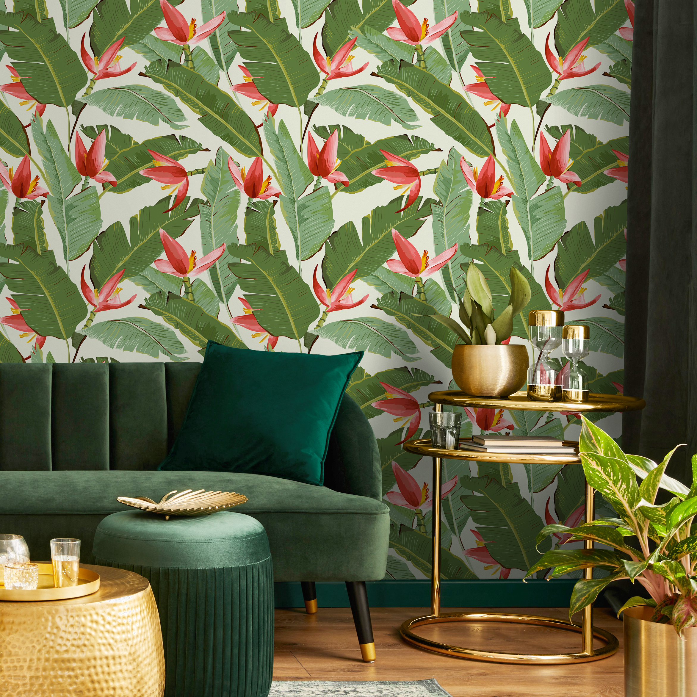 Tropical Wallpaper With Red Heliconia Flowers And Green Leaves - E002