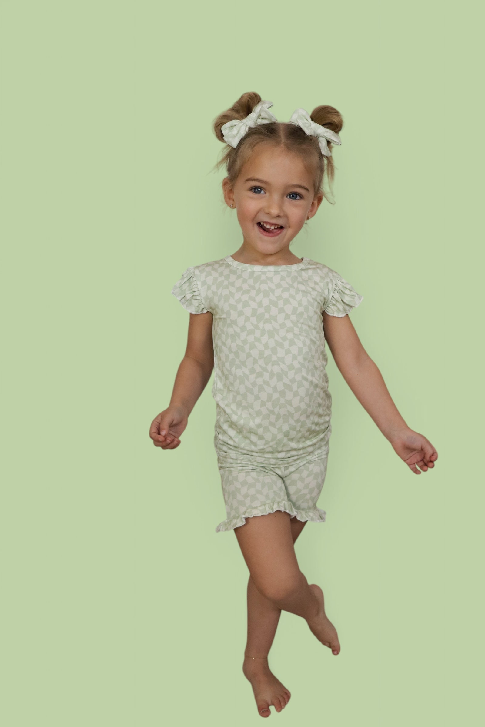 Sage Wavy Checkers Dream Ruffle Short Set