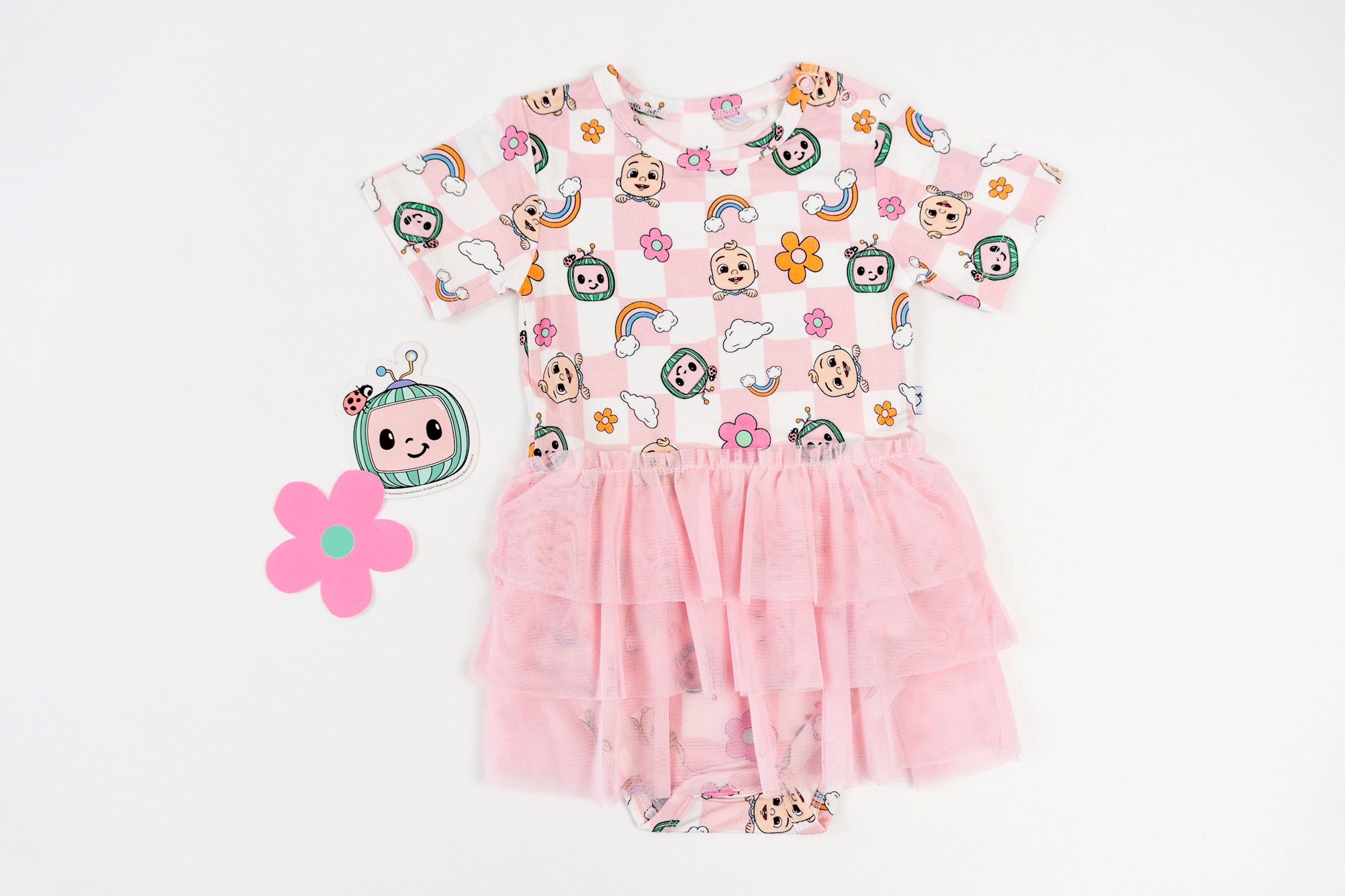 Dream Big Little Co X Cocomelon Jj Rainbow Checkers Dream Tutu Short Sleeve Bodysuit Dress