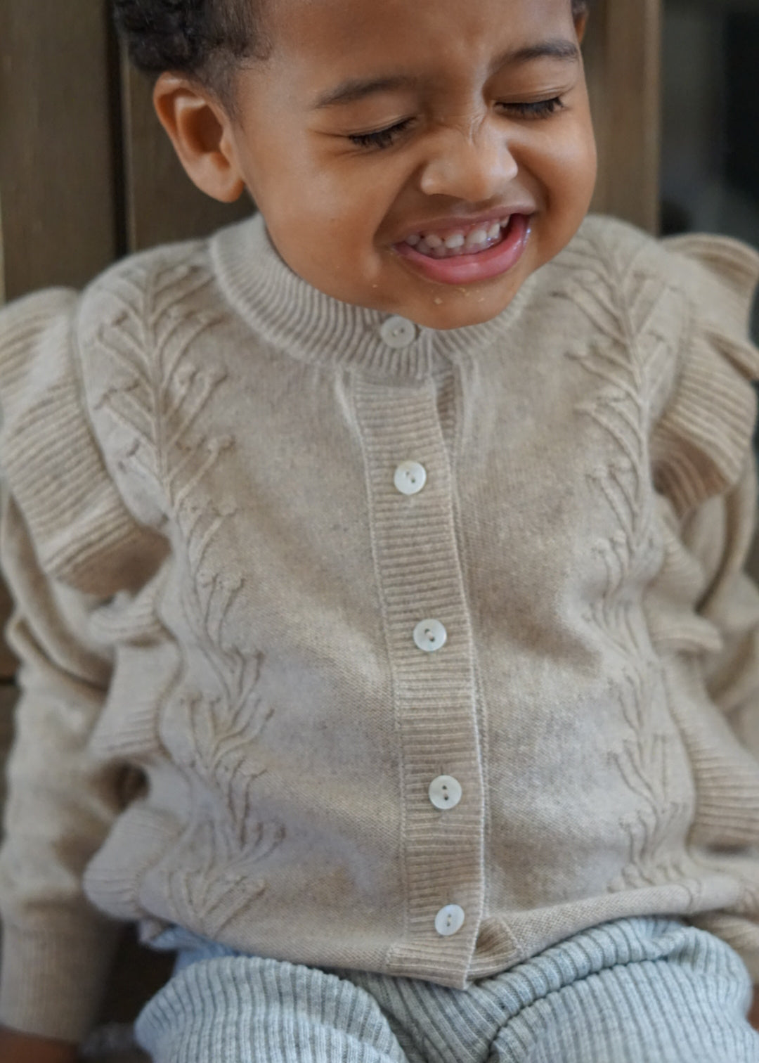 Cashmere Frill Applique Cardigan | Ecru