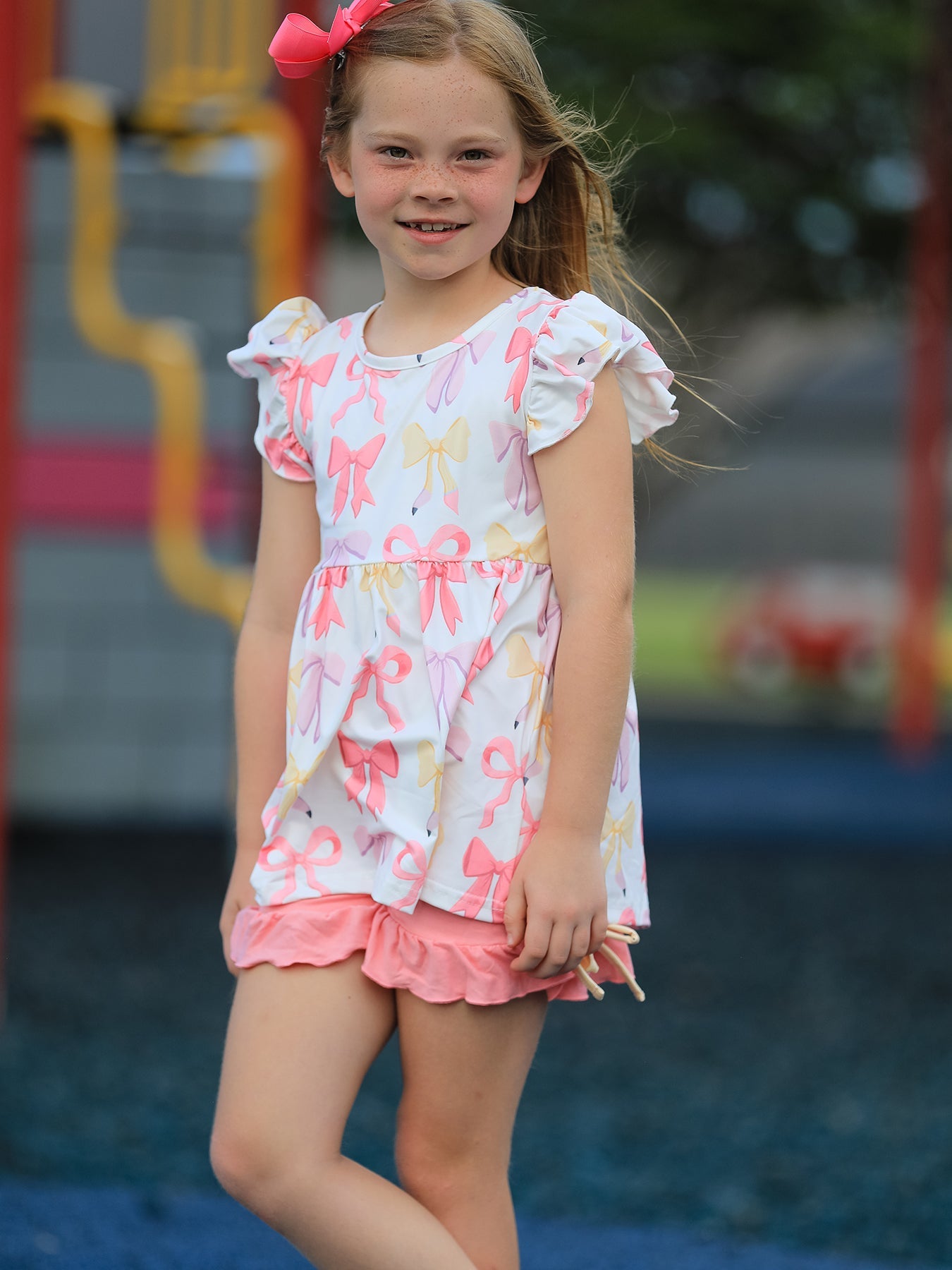 Back To School Girl's Summer Bow Short Sleeve Shorts Set