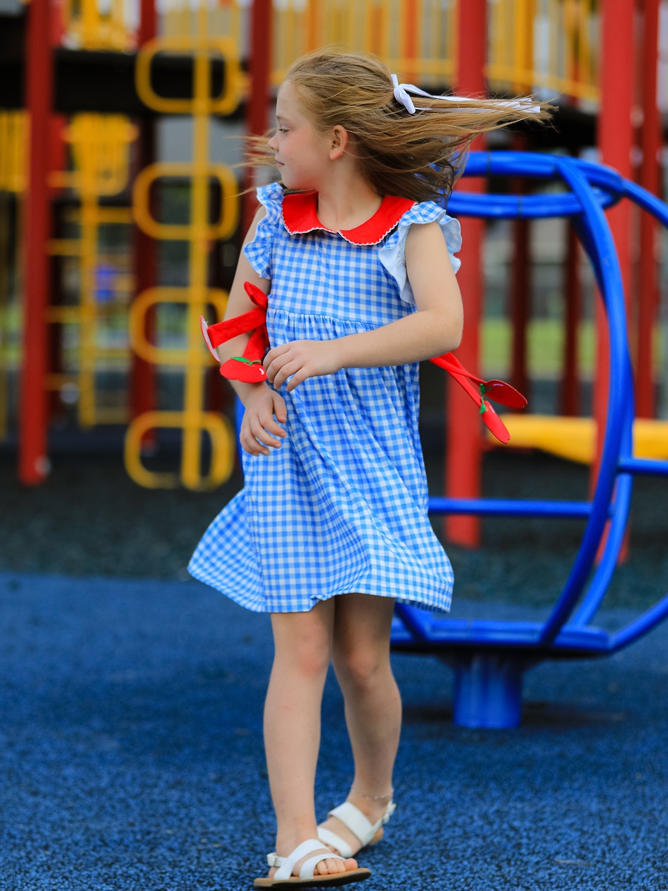 Back To School Girls Striped Lapels Apple Bow Dress