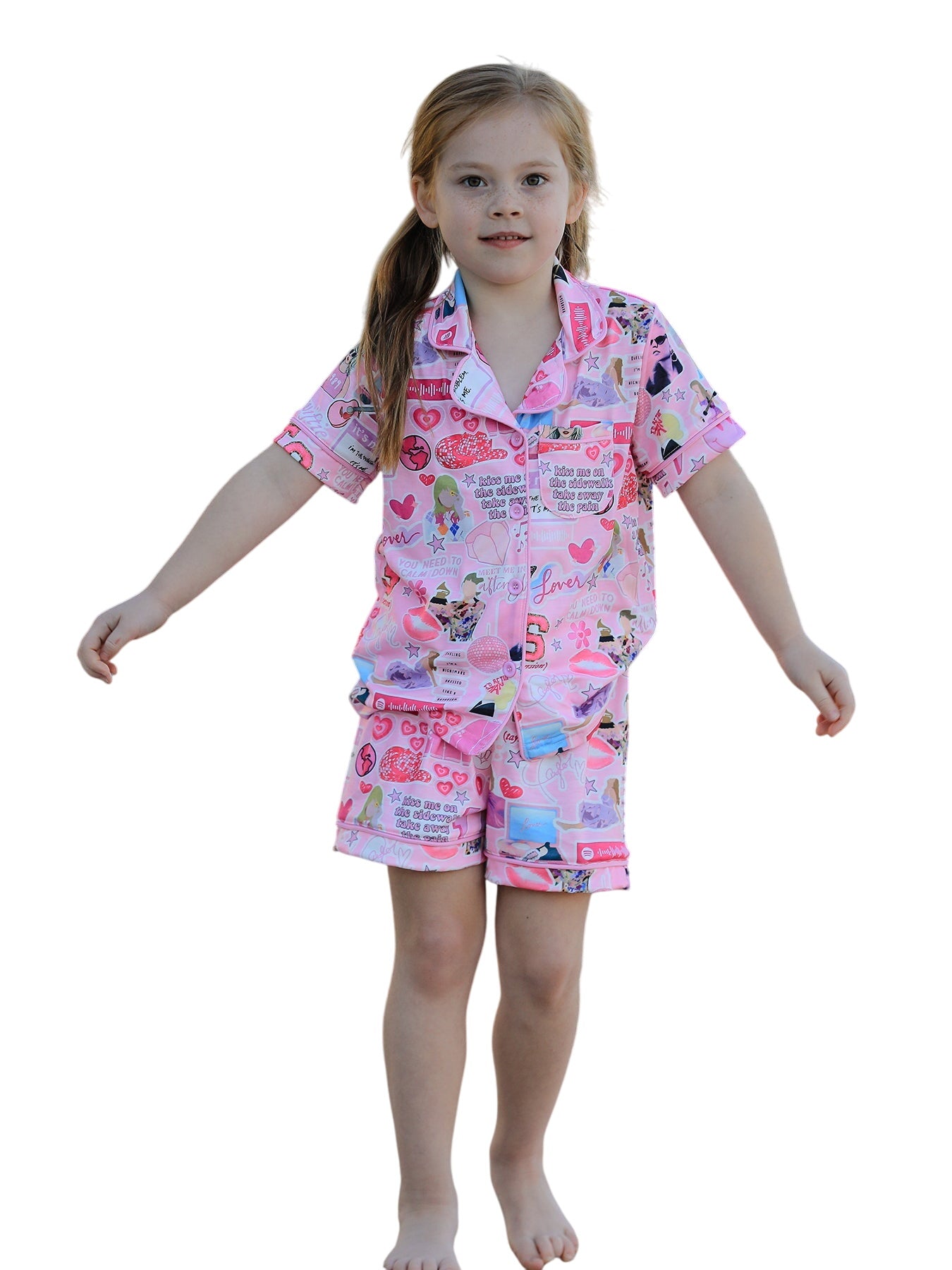Pink Ts Lapel Button Short Sleeve Shorts Pajama Set