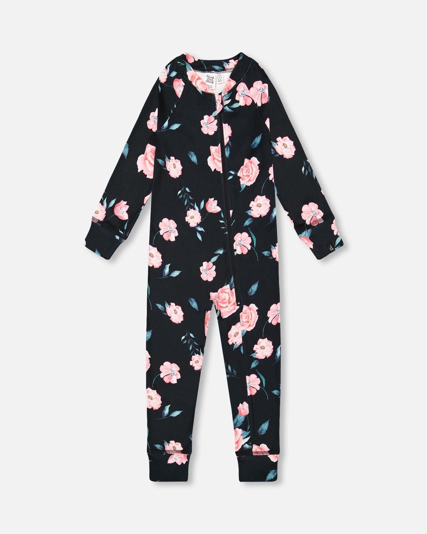 One Piece Black Thermal Underwear Set With Rose Print