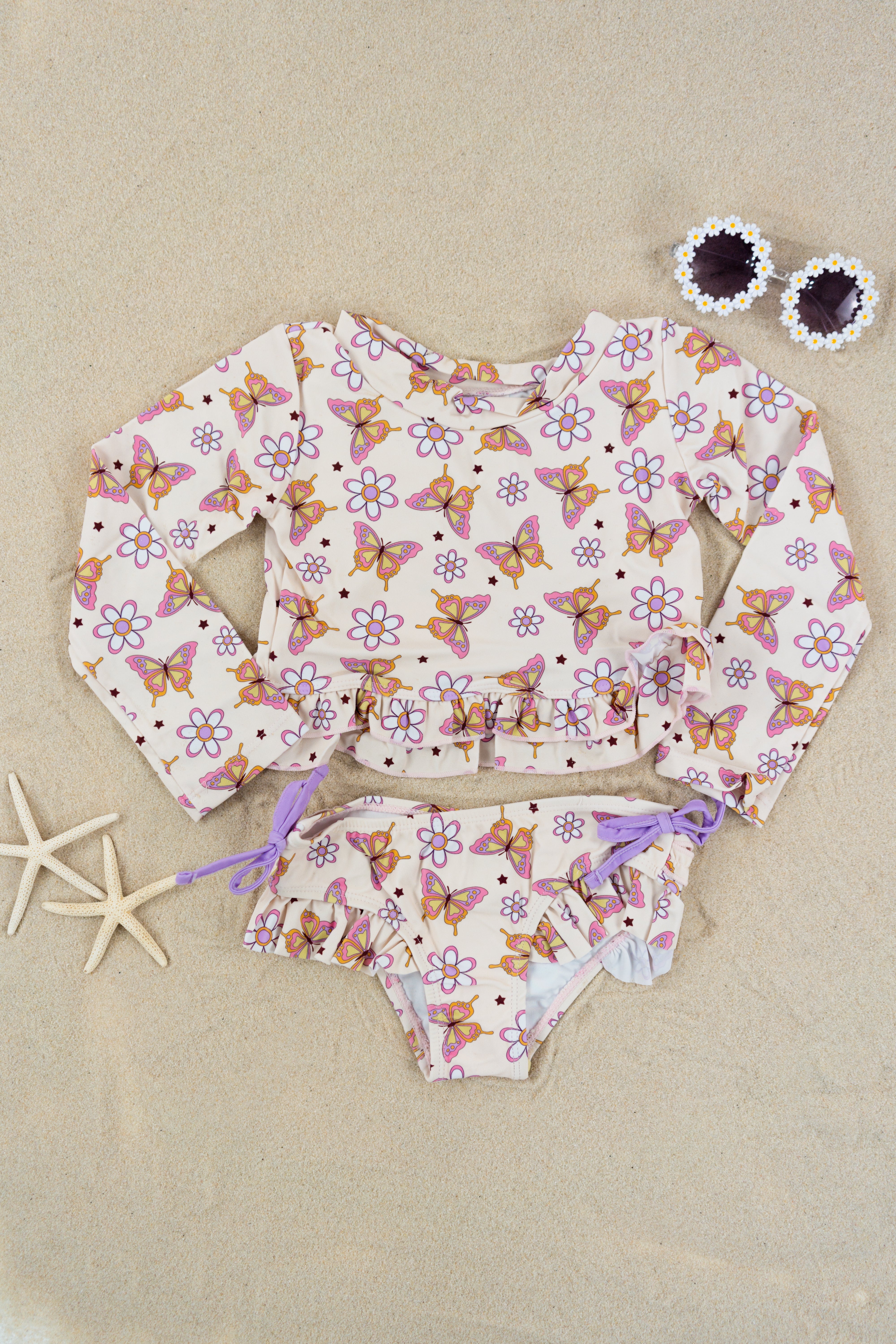 Blossomin’ Butterfly Dream 2-piece Rash Guard Ruffle Swim Suit