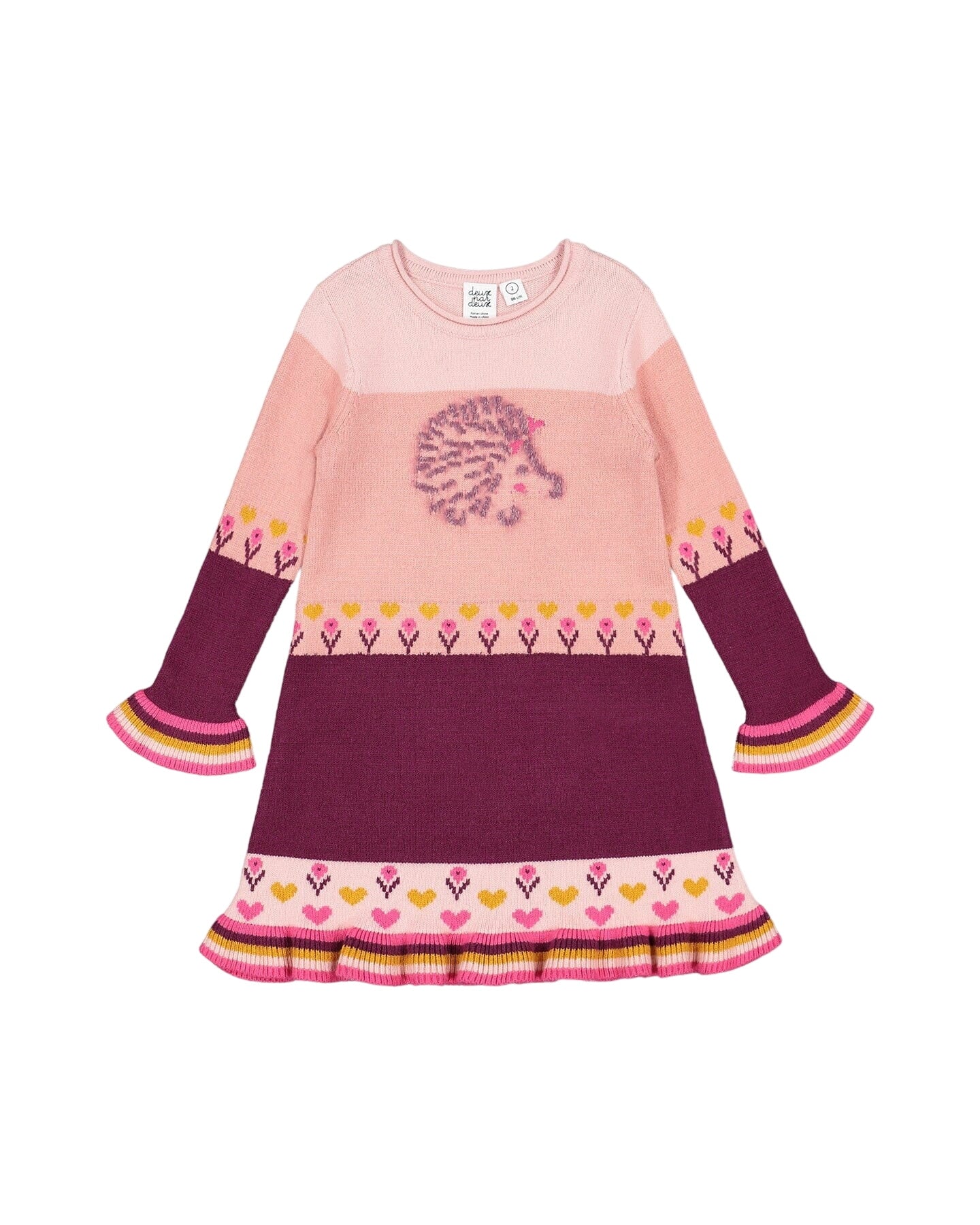 Color Block Knitted Sweater Dress Pink With Hedgehog Intarsia
