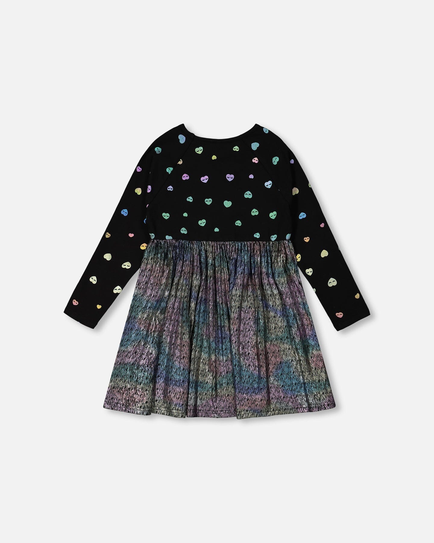 Bi-material Long Sleeve Dress Black Metallic Fabric & Colorful Hearts Foil Print
