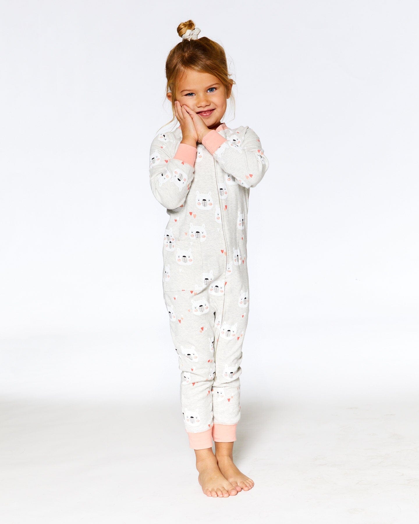 Organic Cotton One Piece Long Sleeve Printed Bears Pajama Oatmeal Mix