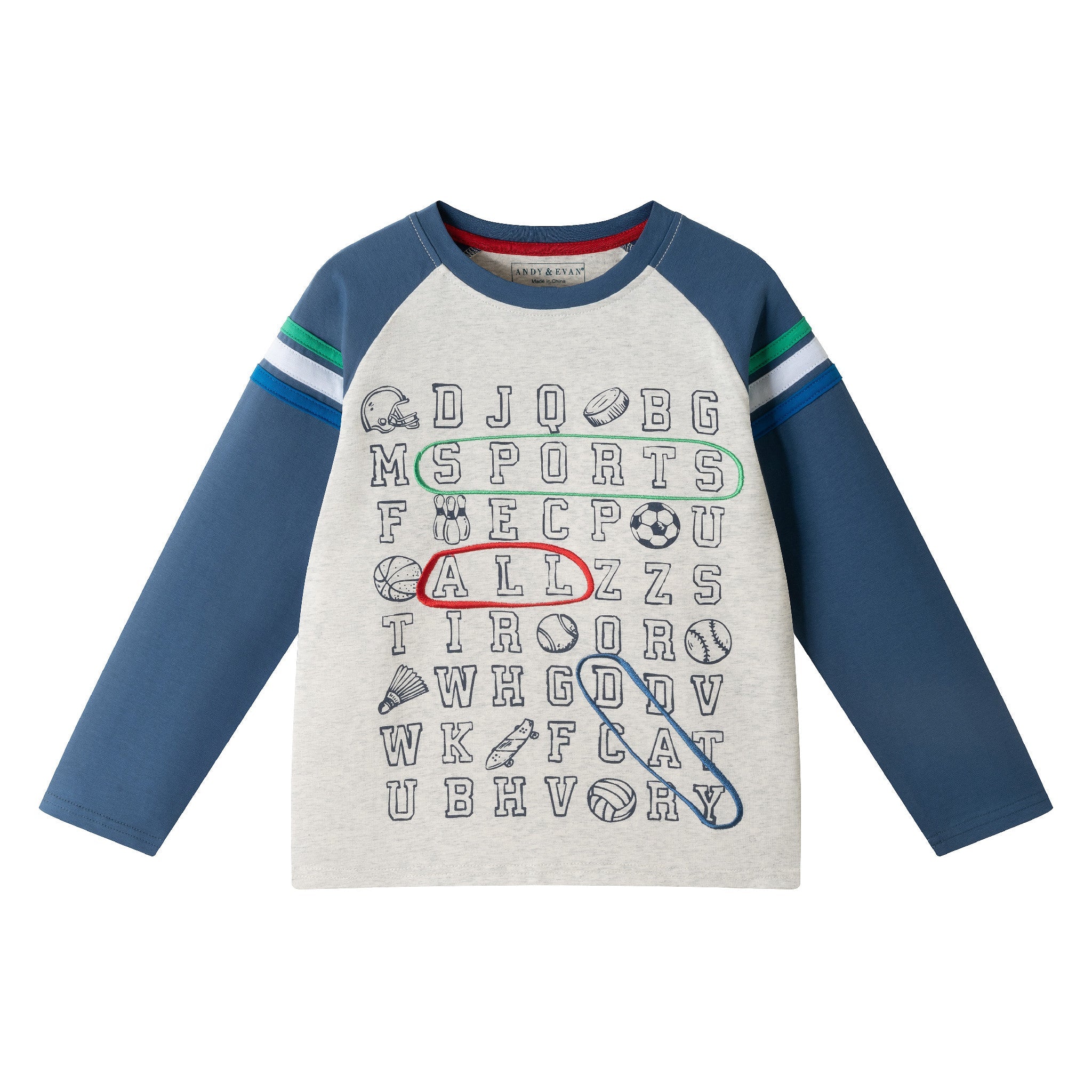 Kids Long Sleeve Raglan Color Blocked Alphabet Tee | Grey Alphabet