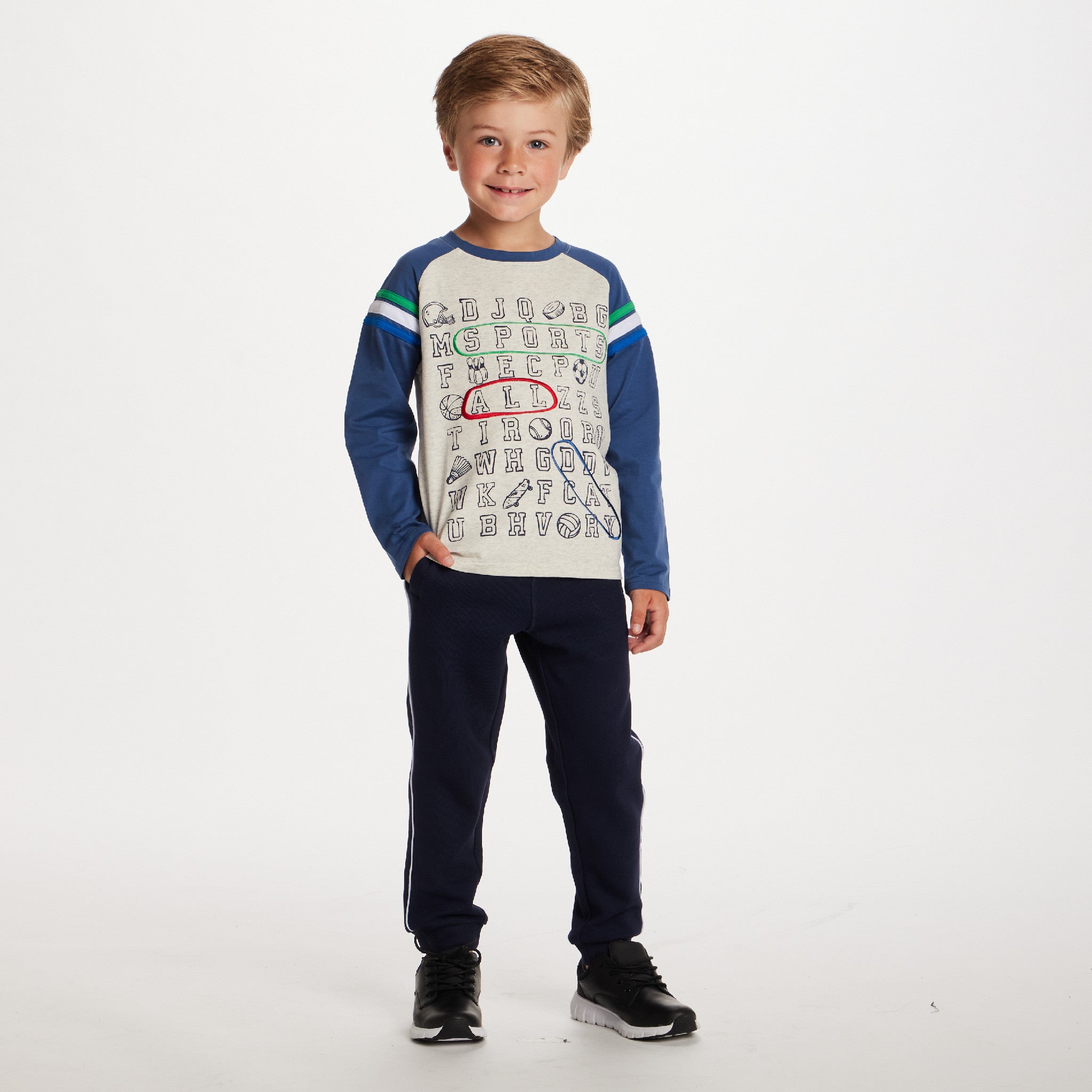Kids Long Sleeve Raglan Color Blocked Alphabet Tee | Grey Alphabet