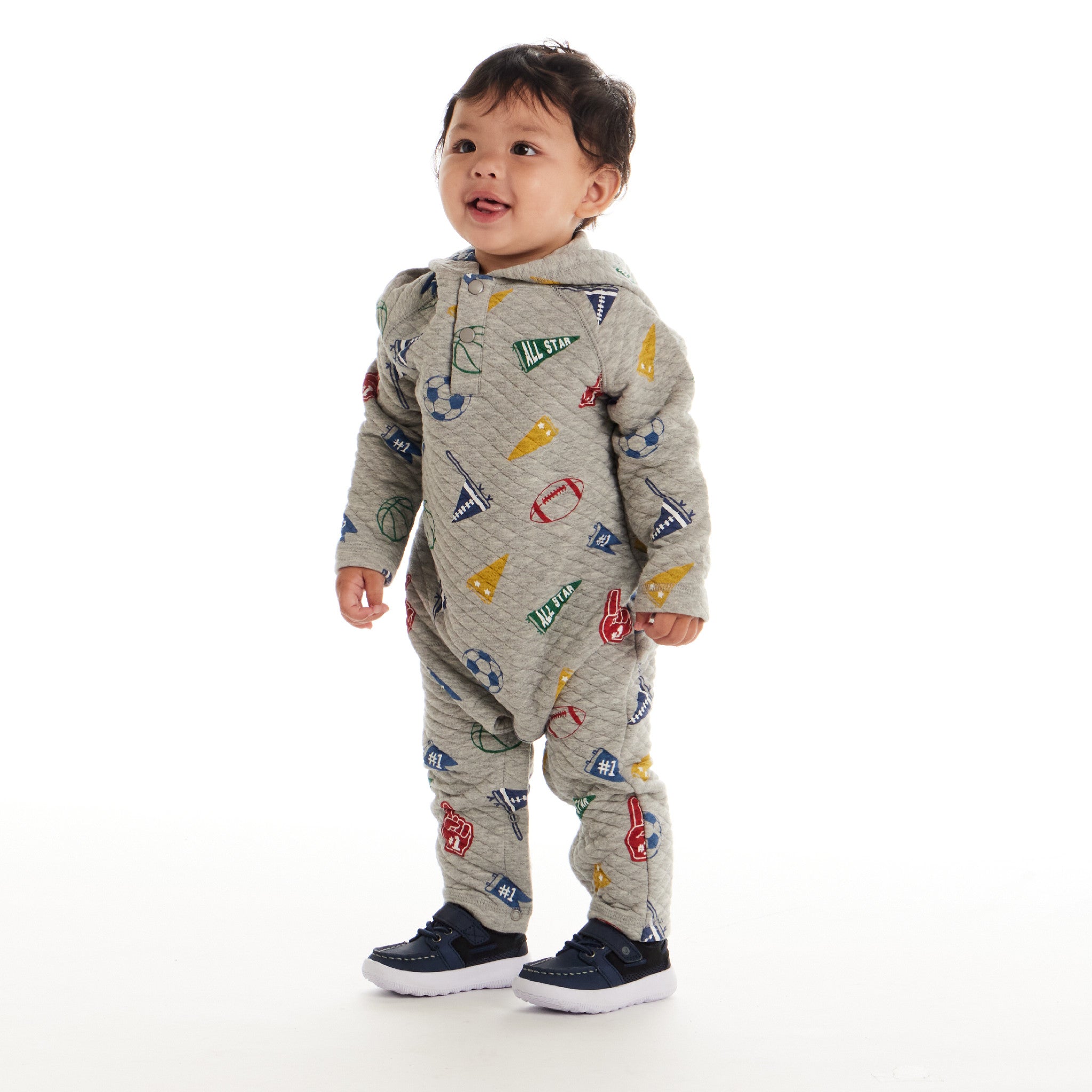 Infant Hooded Baby Romper | Beige Varsity