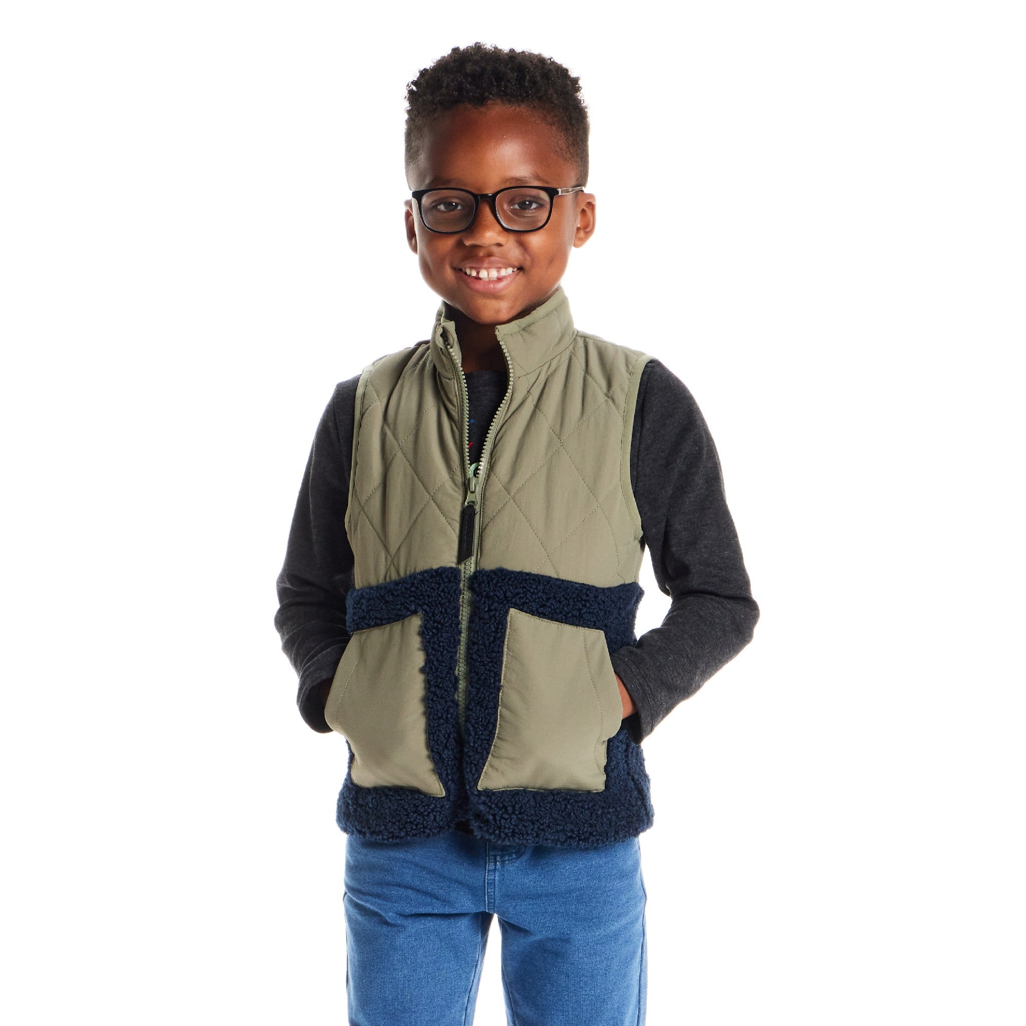 Kids Mixed Media Sherpa Vest | Green