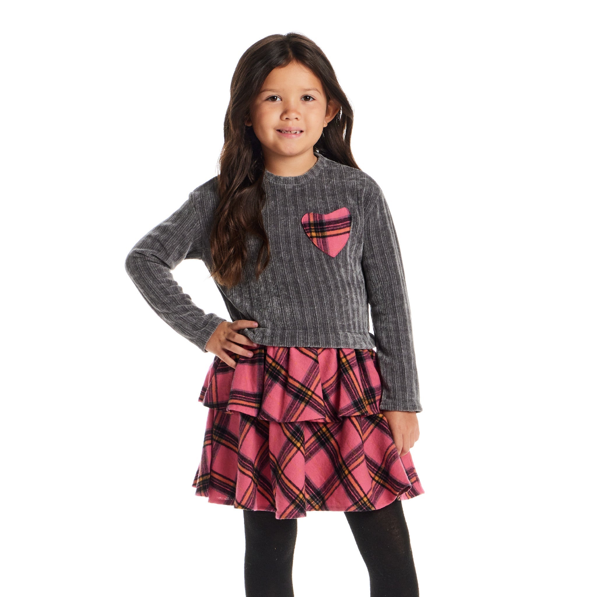 Kids Knit Top Plaid Skirt Dress | Grey & Pink Heart
