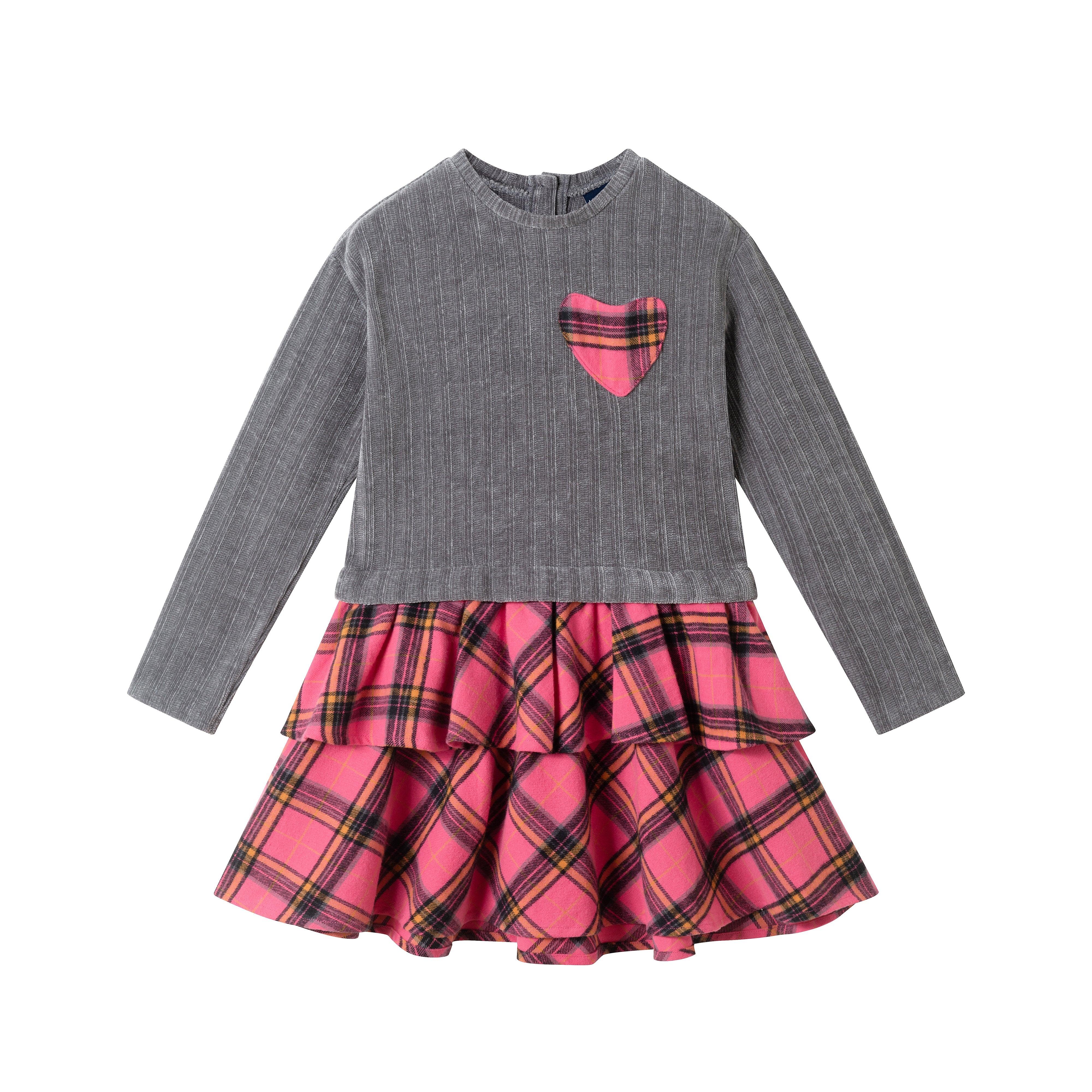 Kids Knit Top Plaid Skirt Dress | Grey & Pink Heart