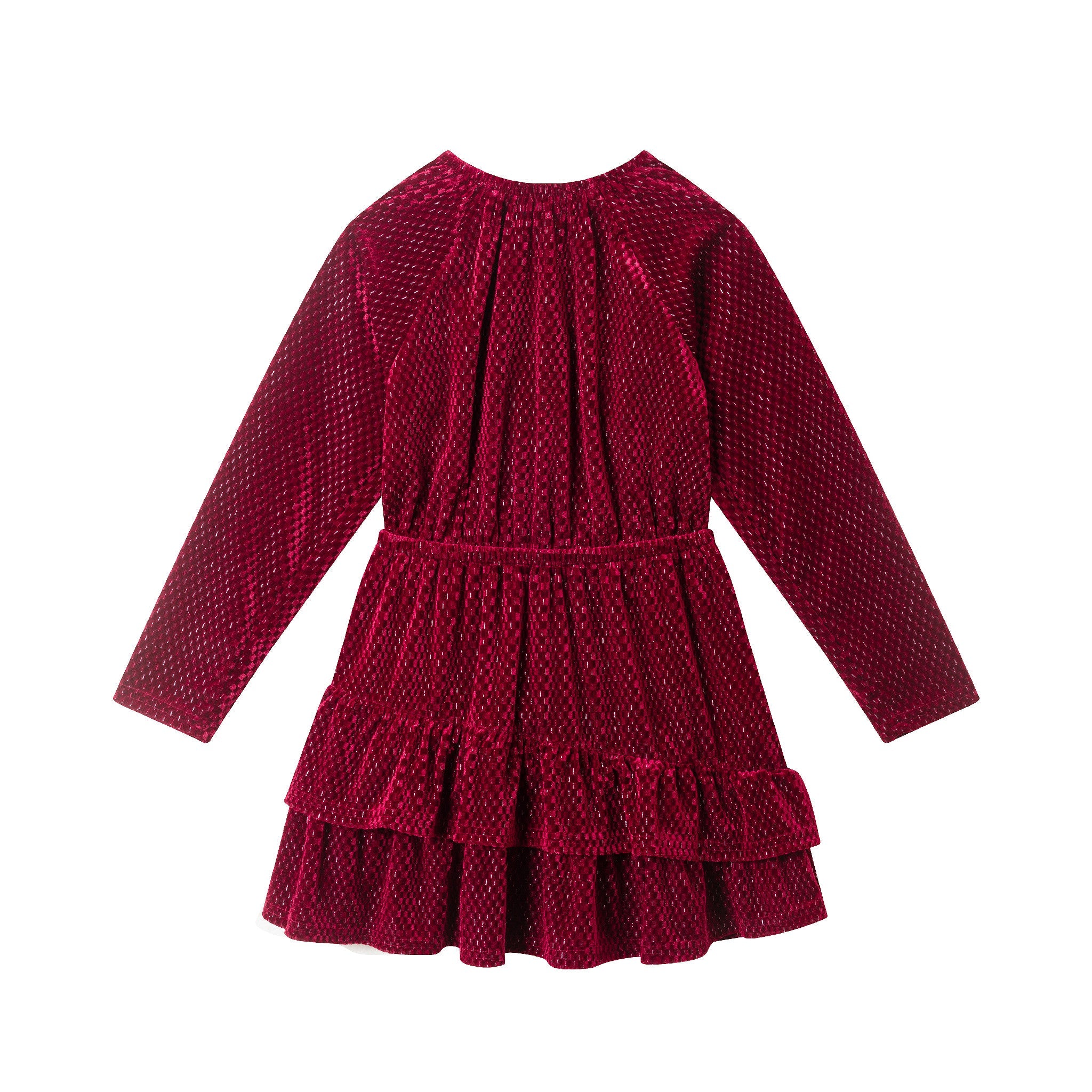 Kids Red Velvet Asymmetrical Tiered Dress | Red Checkered