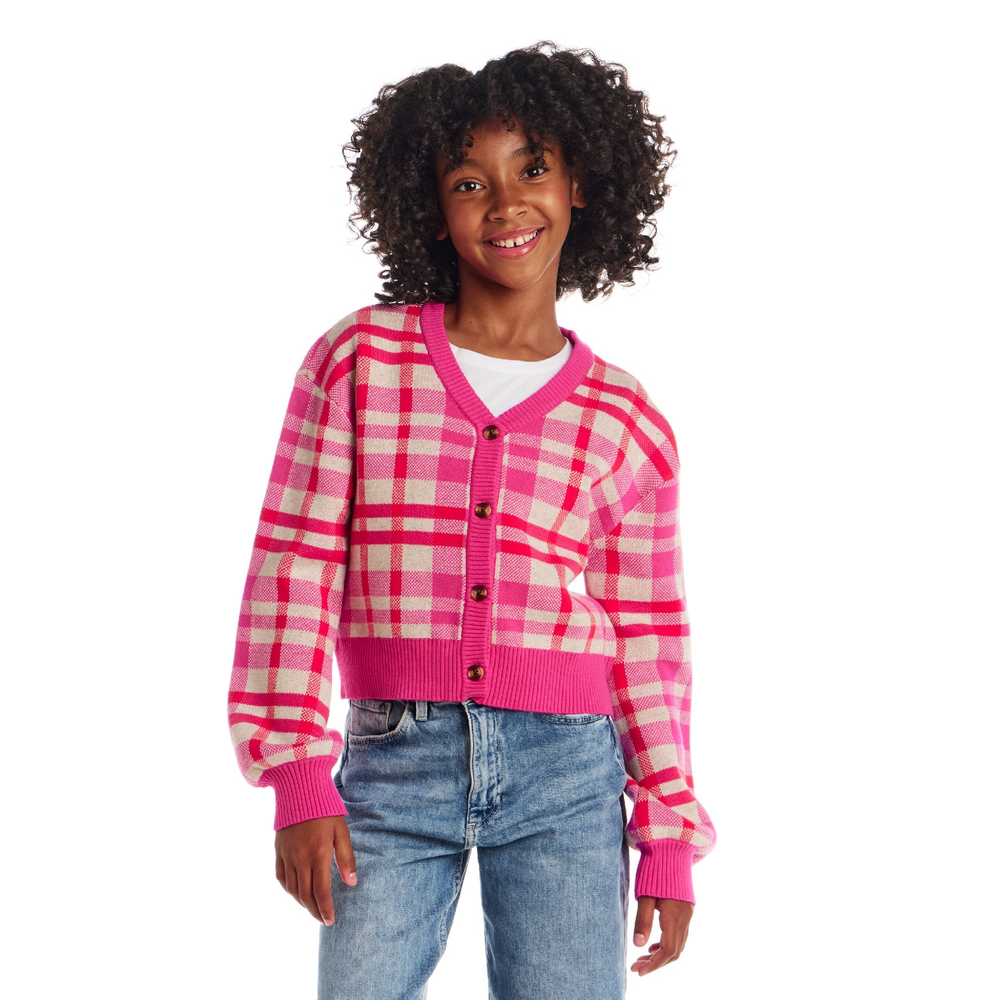 Big Kids Cardigan | Pink Plaid