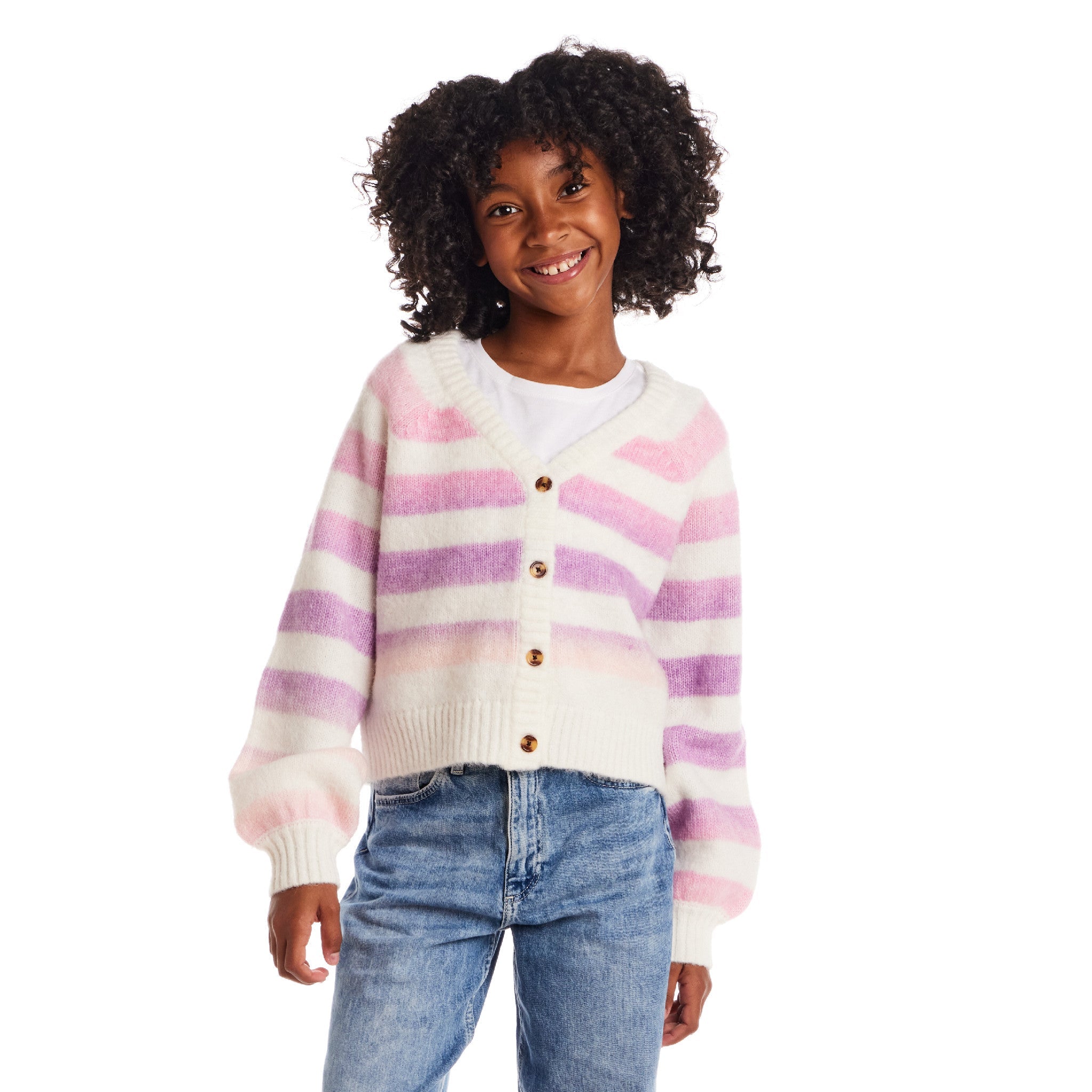 Big Kids Stripe Cardigan | Oatmeal Lavendar