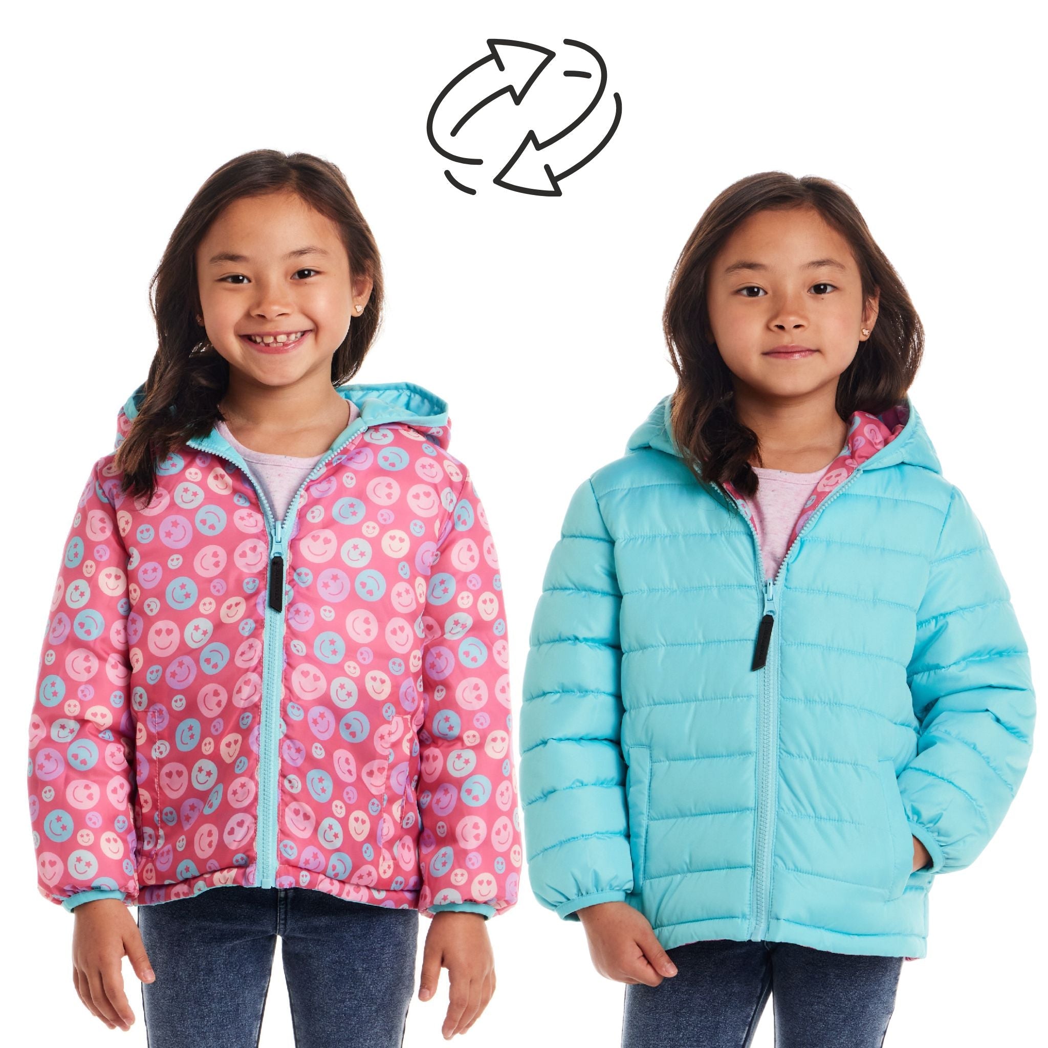 Kids Printed Reversible Puffer Jacket | Pink Smiley