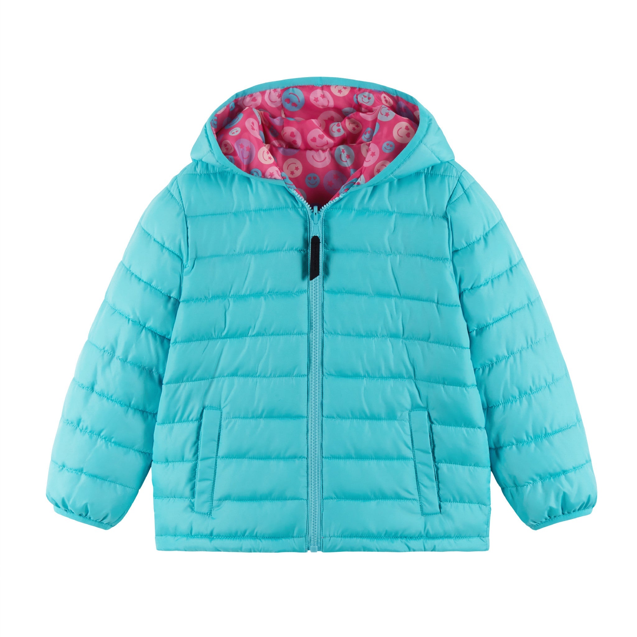 Kids Printed Reversible Puffer Jacket | Pink Smiley