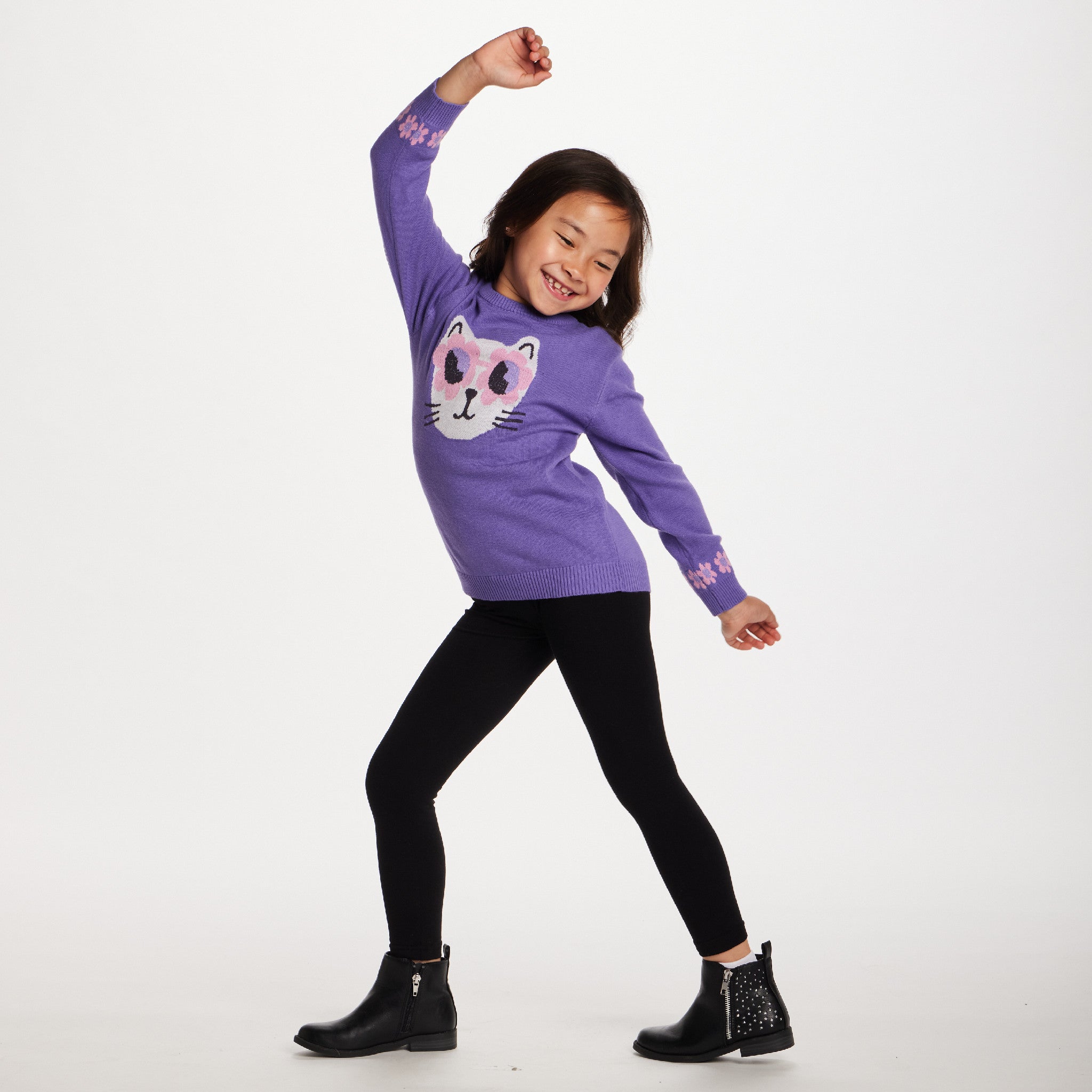 Kids Sweater & Legging Set | Purple Kitty Sunglasses