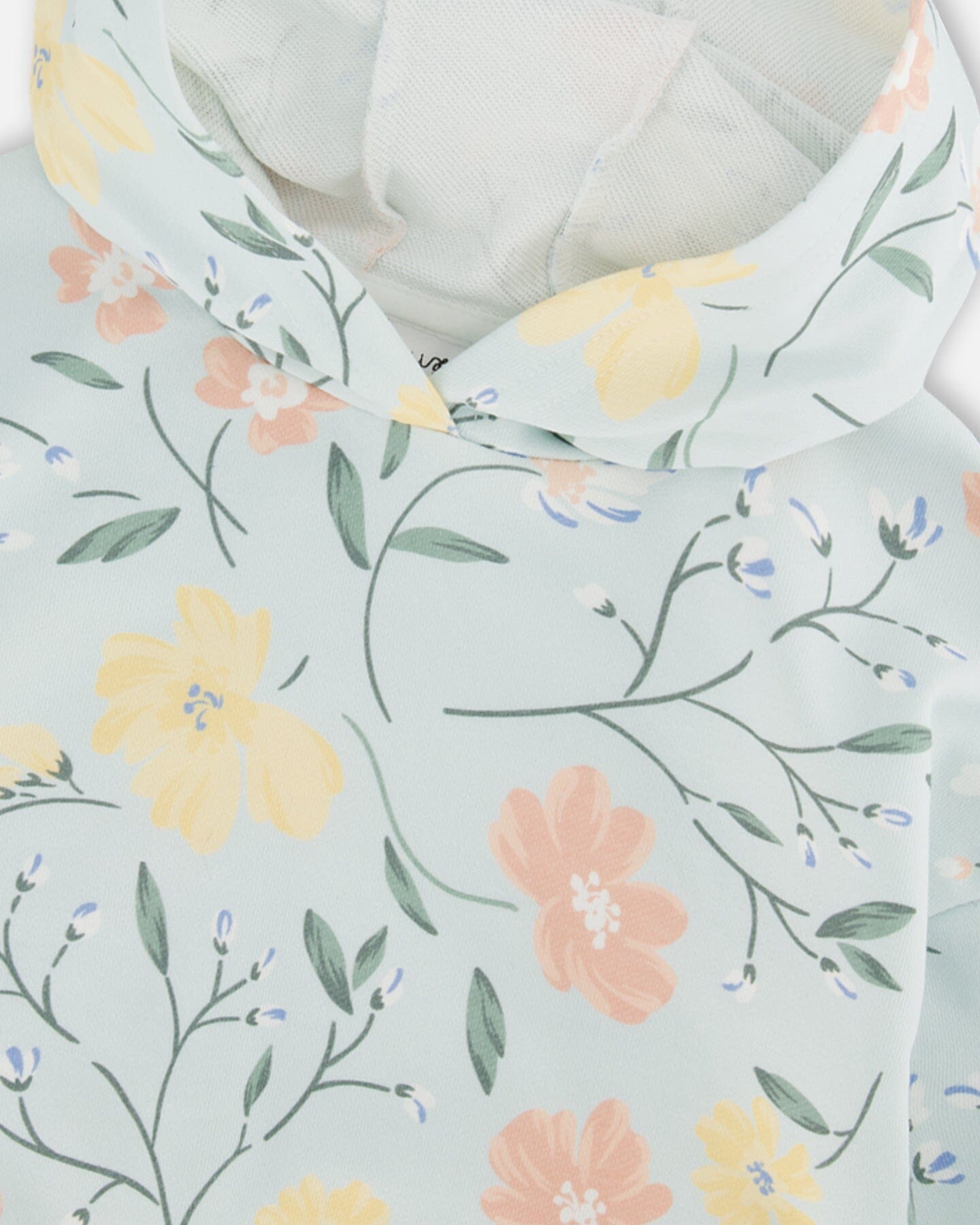 French Terry Hooded Sweatshirt Baby Blue With Printed Romantic Flower