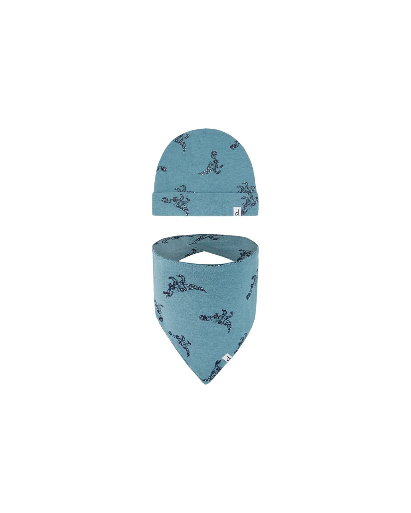 Organic Cotton Hat And Bib Set Teal With Mechanical Dinosaurs Print