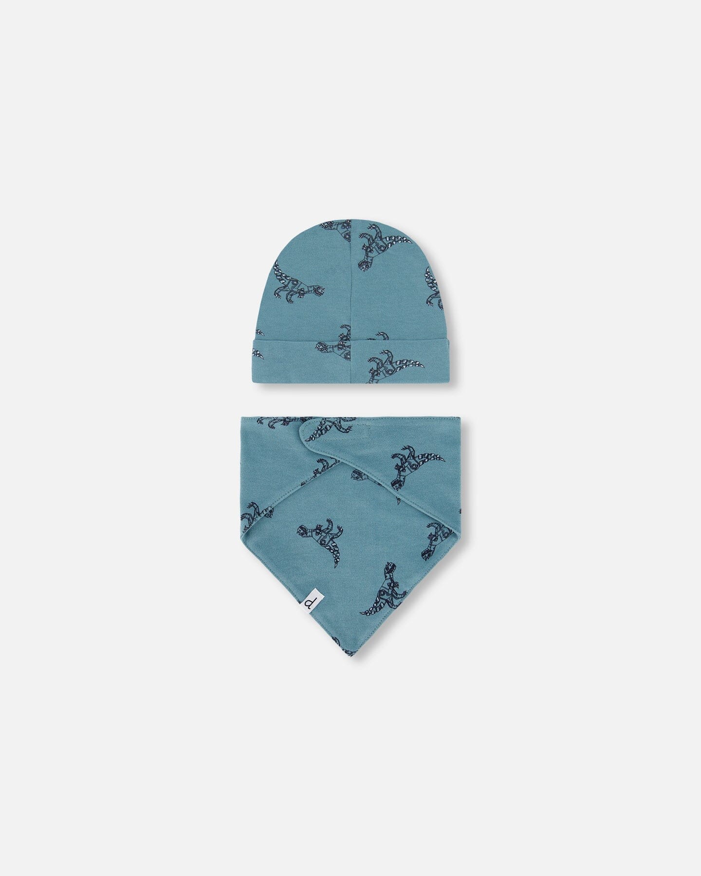 Organic Cotton Hat And Bib Set Teal With Mechanical Dinosaurs Print