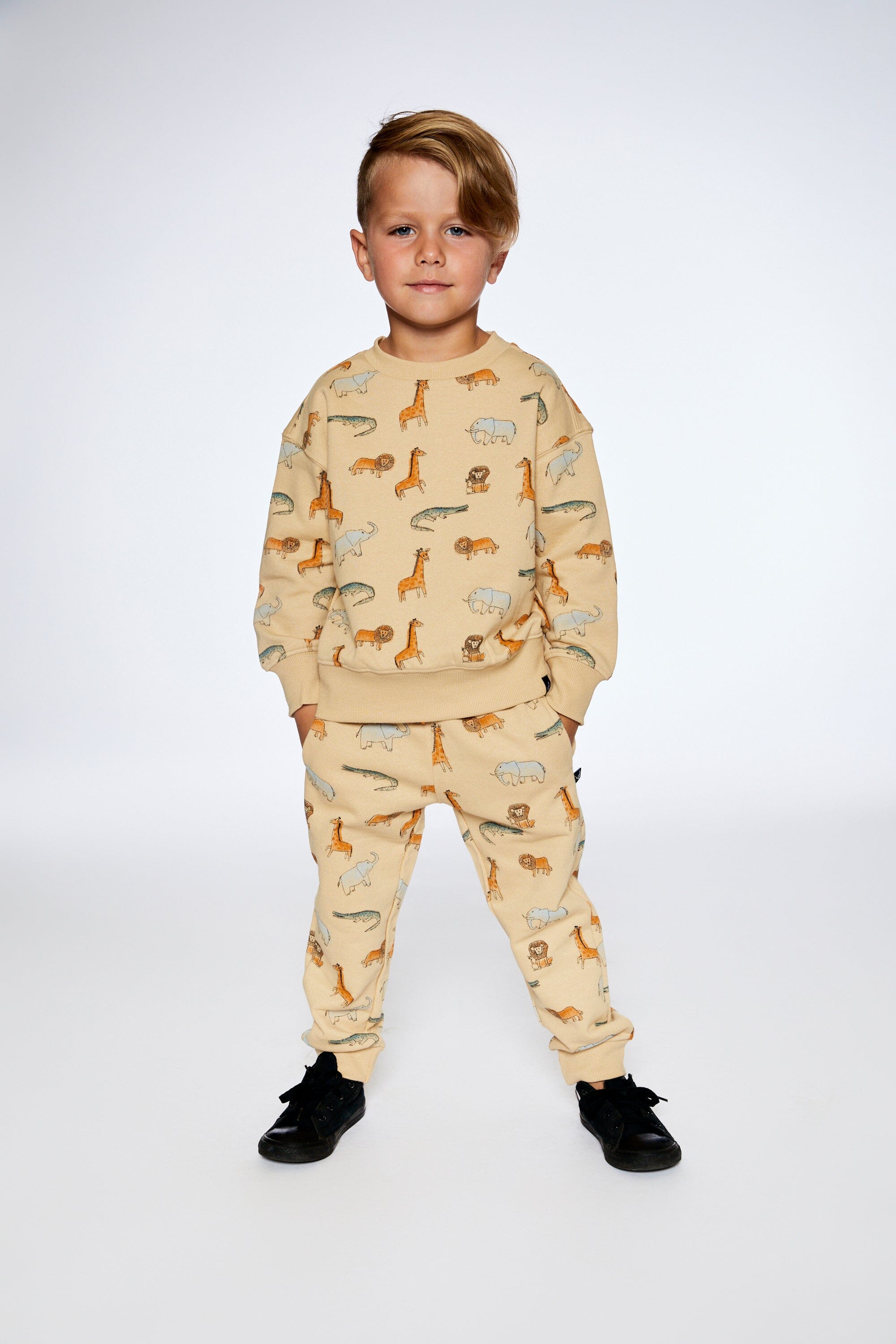 French Terry Sweatpants Beige Printed Jungle Animal