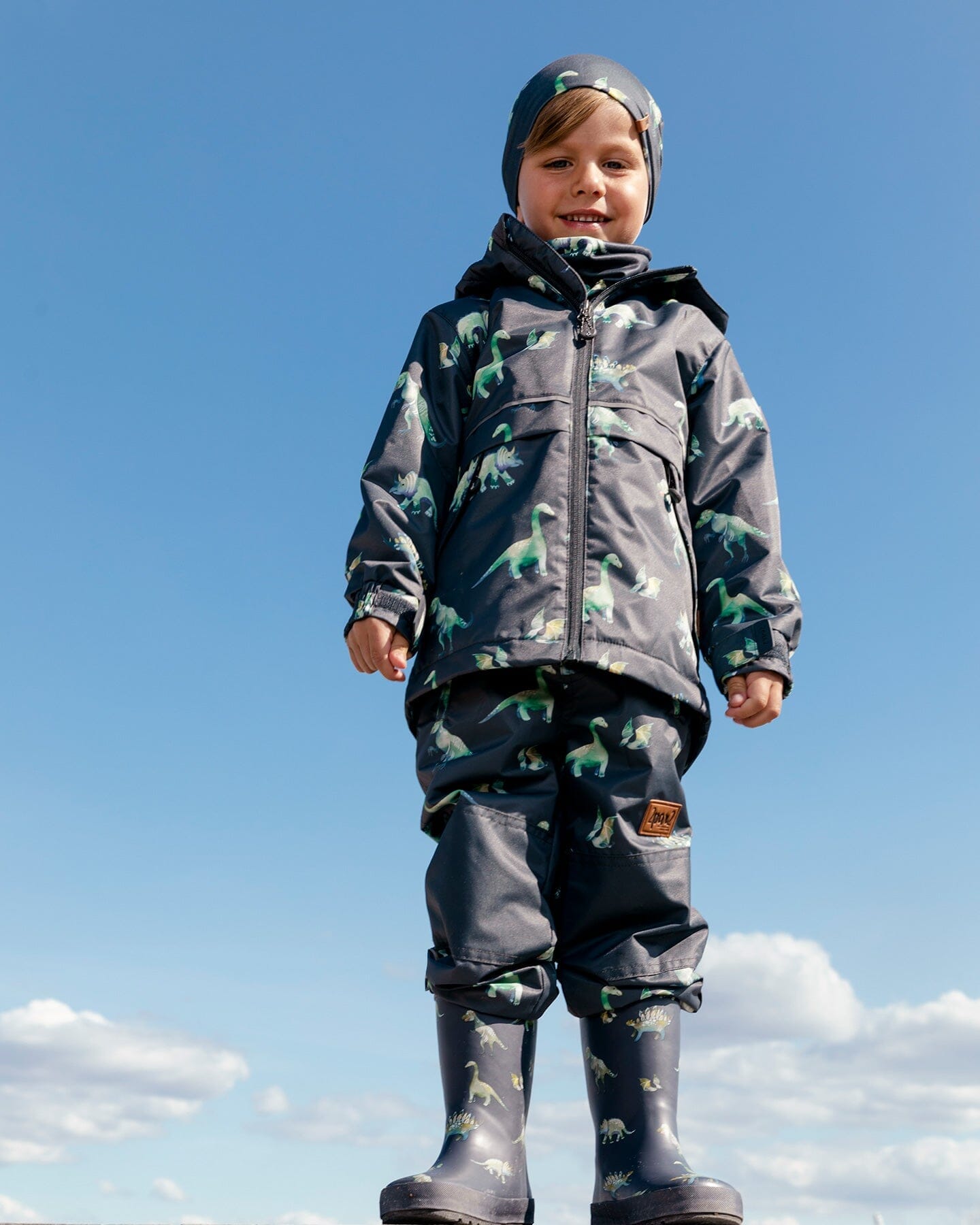 Two Piece Hooded Coat And Overalls Mid-season Set Grey Printed Dinosaurs