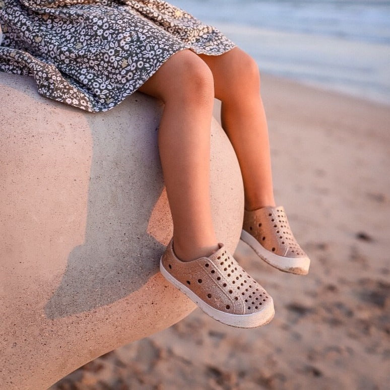 Toddler Girls Perforated Slip On Water Sneakers in Gold Glitter - Kira