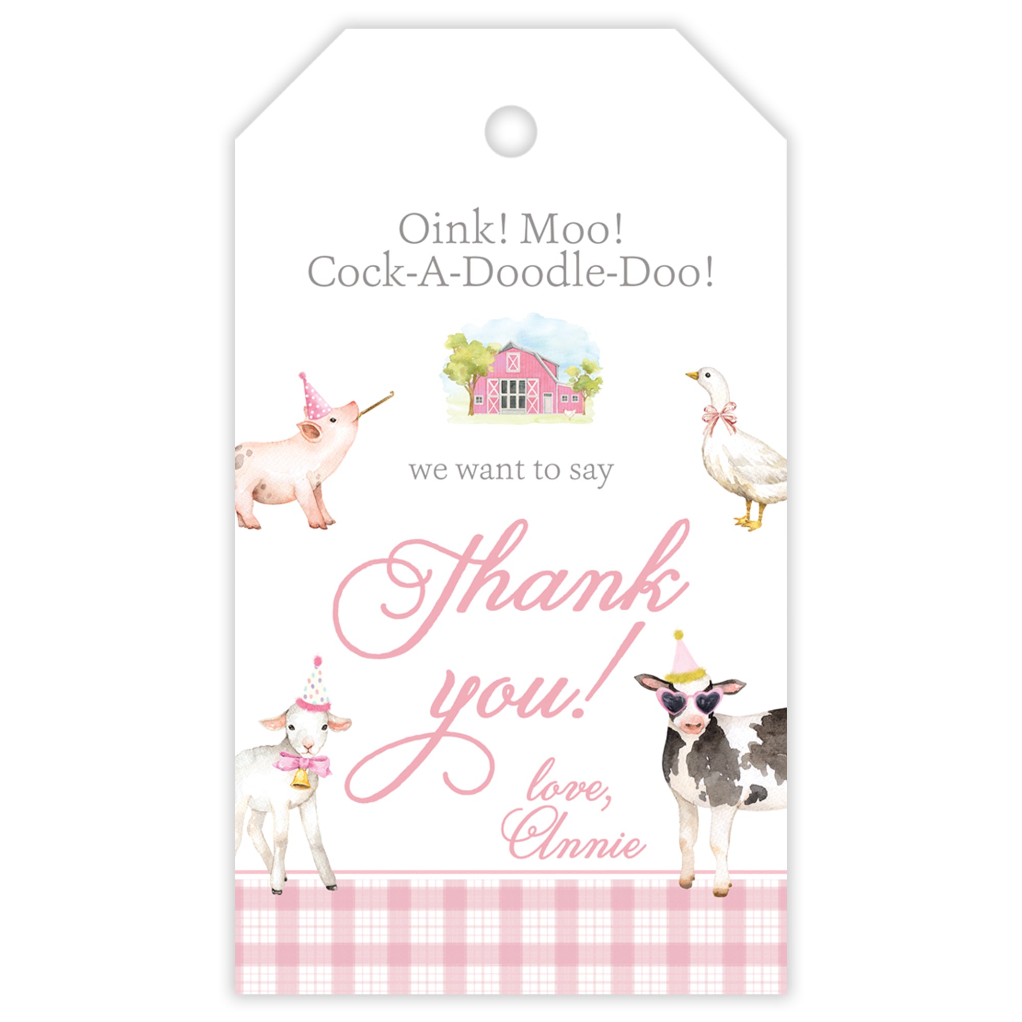 Pink Farm Animal Party Favor Tag